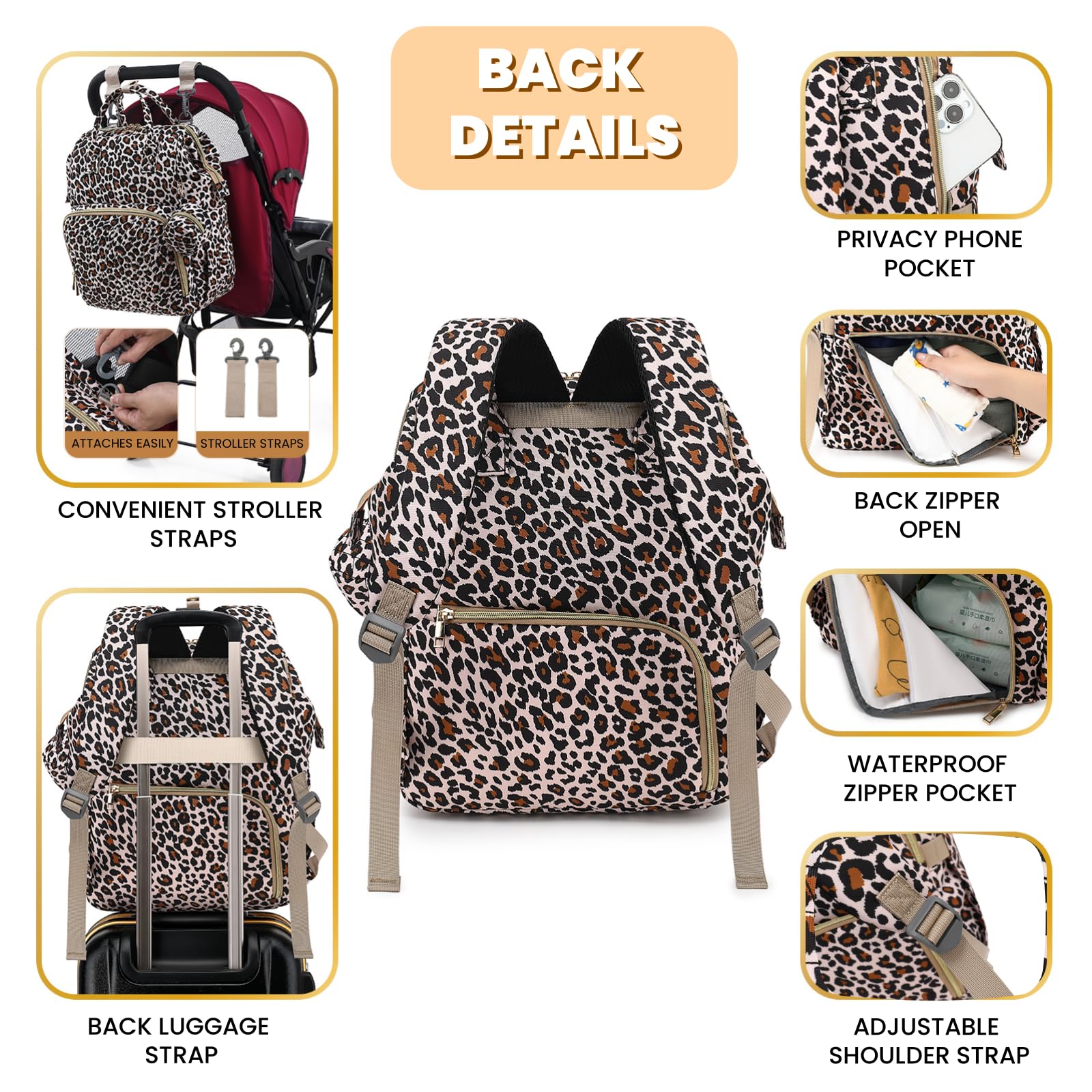 ROSEGIN Large Waterproof Diaper Backpack for Moms - Baby Bag with Changing Pad & Pacifier Case for Boys, Girls & Toddlers - Stylish Cheetah Print Travel Diaper Bag for Baby Showers, Outings & Daily Use