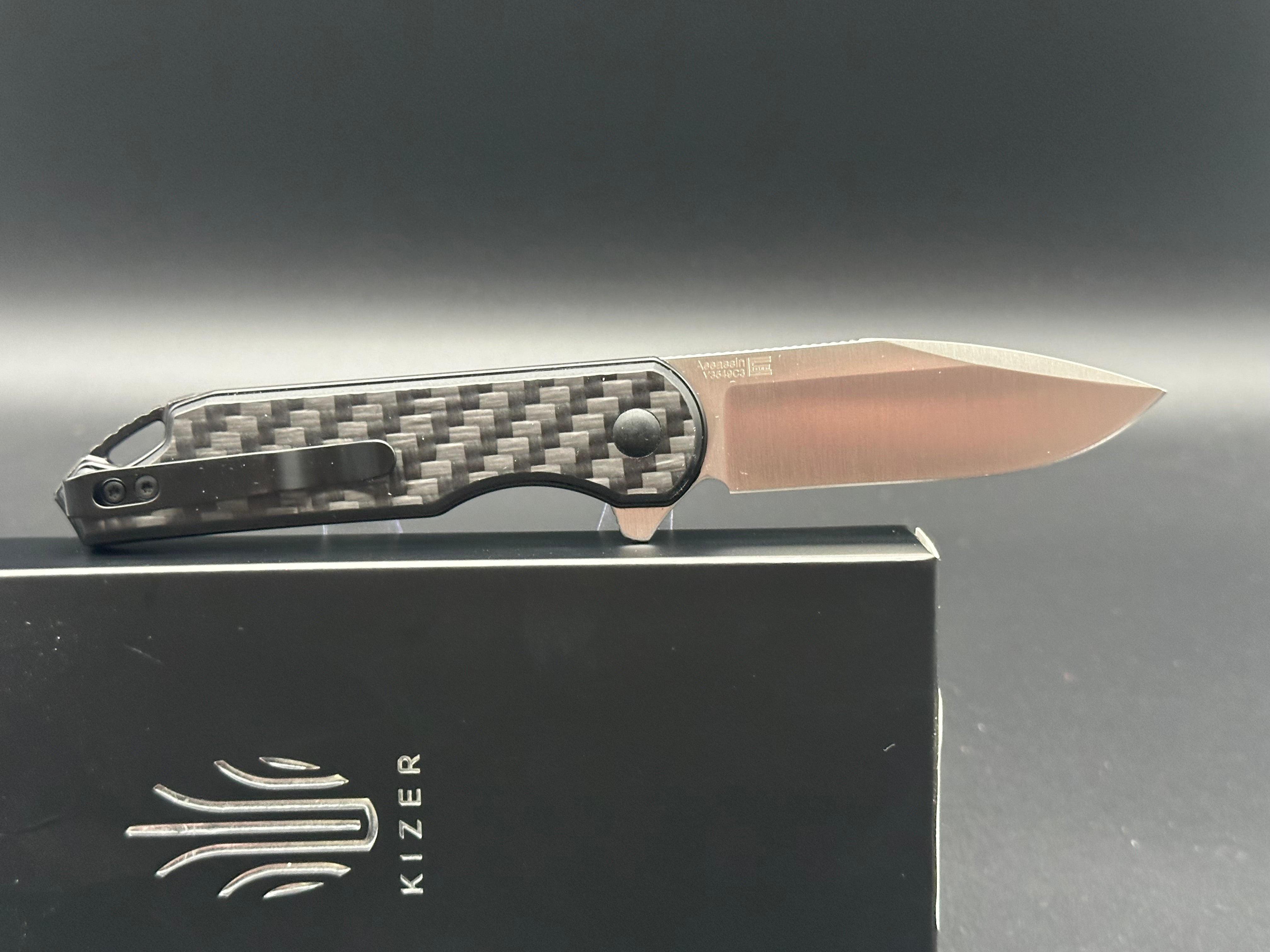 KIZER ASSASSIN Folding Pocket Knife - Black Carbon Fiber/G10 Handle with 154CM Steel Blade - EDC, Outdoor, Camping & Survival Tool