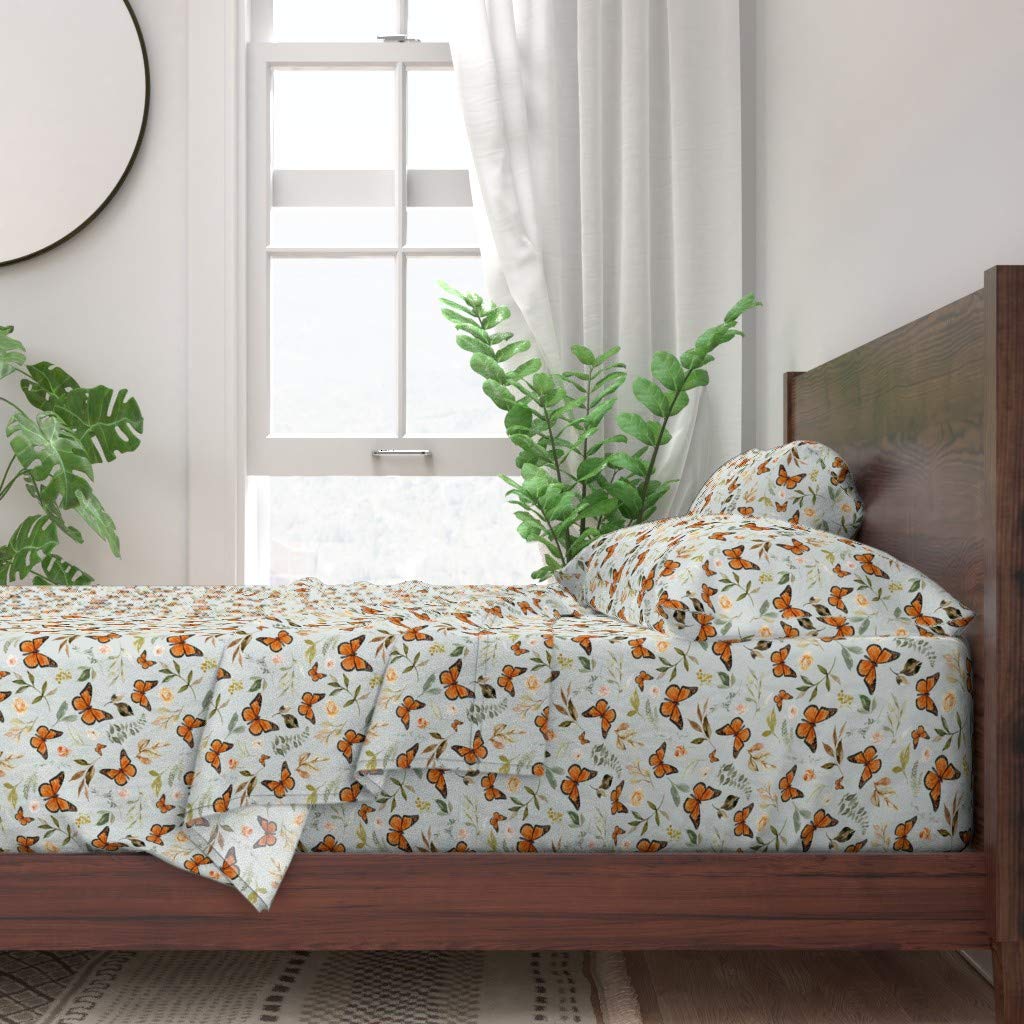 Monarch Butterflies 100% Cotton Twin Sheet Set - 3 Piece Pale Blue Butterfly Floral Print Bedding | Nature-Inspired Rose & Sage Design for Spring & Easter Decor | Perfect for Guest Rooms, Dorm Rooms & Cozy Bedroom Makeovers