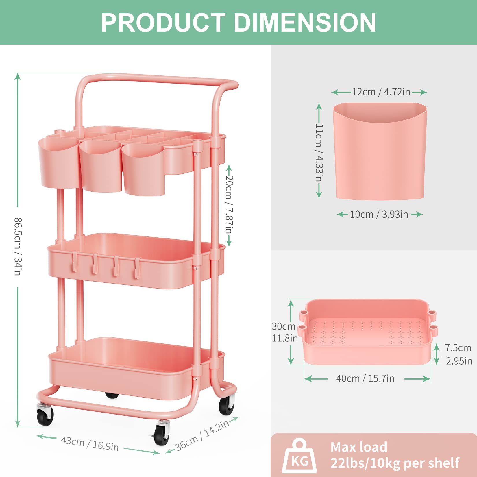 ALVOROG 3-Tier Rolling Utility Cart with Wheels - Mobile Storage Organizer with Hanging Cups for Kitchen, Office, Coffee Bar, Salon & Bathroom - Pink Multi-Purpose Service Cart for Home & Commercial Use