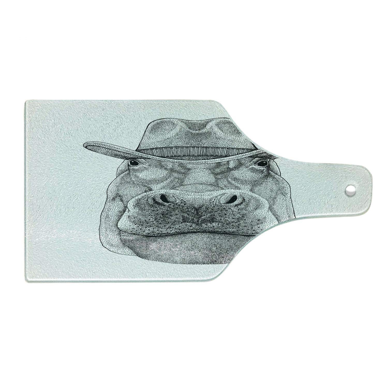 Ambesonne Hippo Cutting Board - Wild West Inspired Cowboy Hat Hippo Design, Decorative Tempered Glass Chopping & Serving Board with Wine Bottle Shape (Black & White) - Perfect for Kitchen Prep, Charcuterie Display & Party Serving