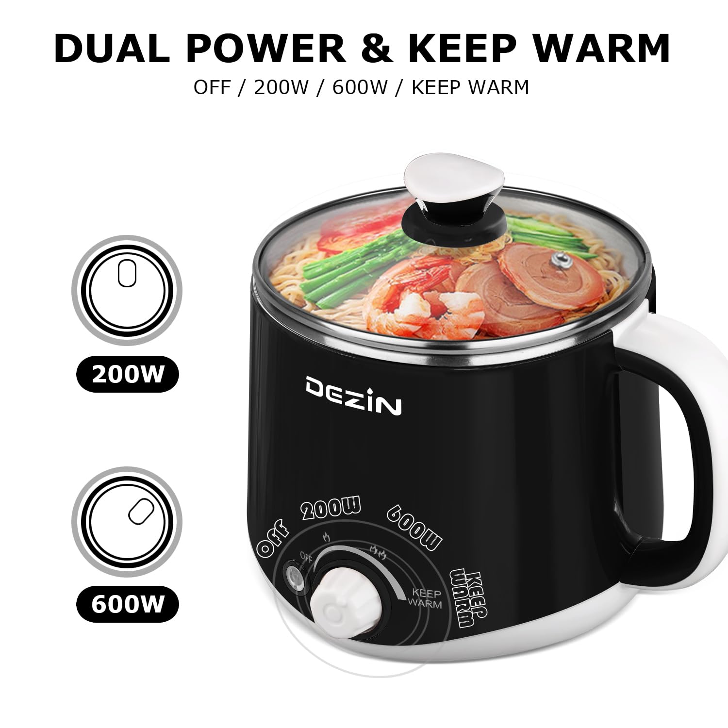Dezin Electric Hot Pot with Steamer - 1.6L Stainless Steel Multi-Cooker for Ramen, Eggs, Dumplings, Soup & Oatmeal - Adjustable Temperature Control & Keep Warm Function - Perfect for Dorm, Office, Camping & Small Kitchen Cooking