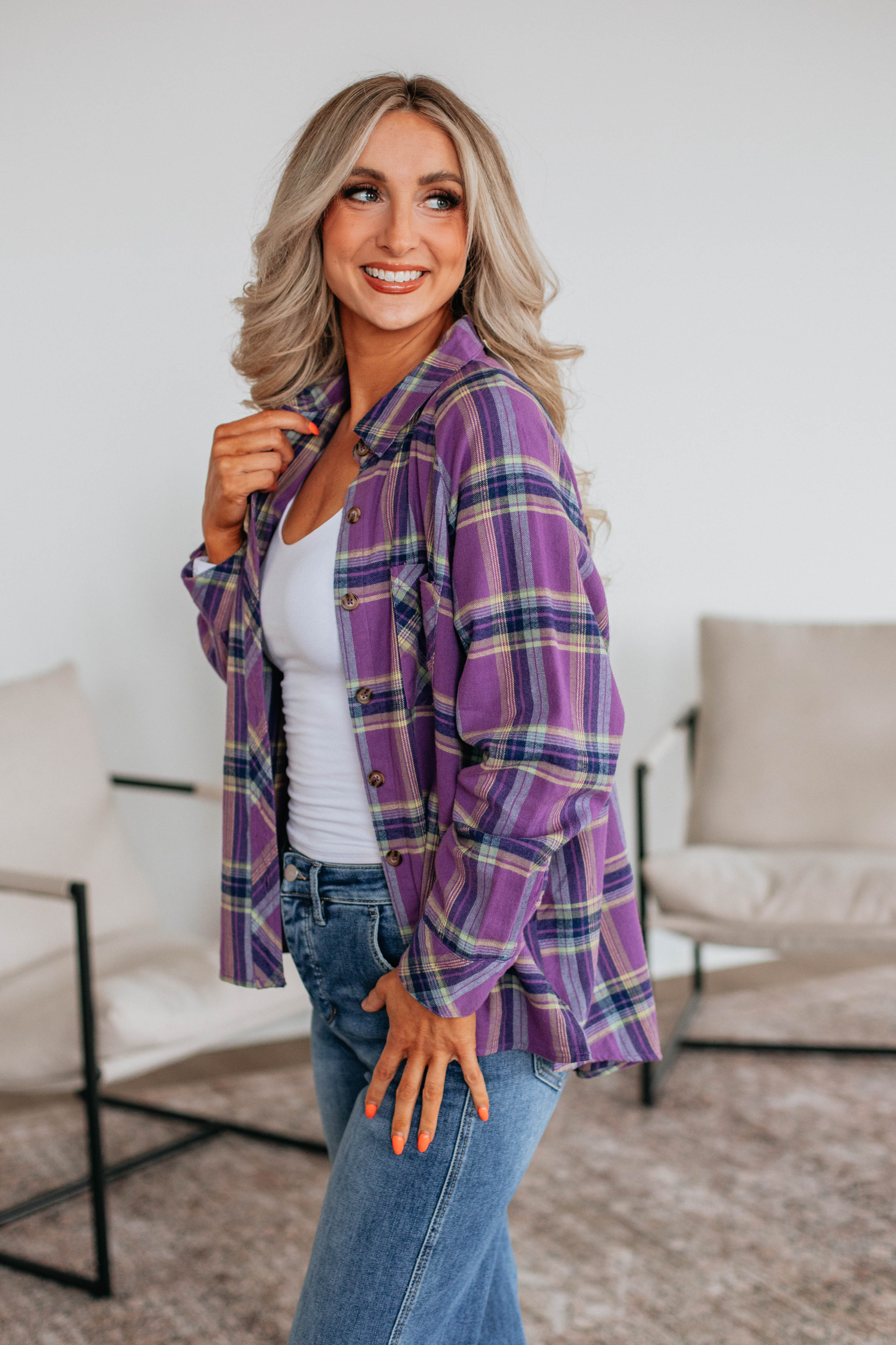 Jema Women's Flannel Shirt Top - Soft Violet Mix Plaid Long Sleeve Button Down for Fall & Winter | Casual Outfit, Layering, Outdoor Activities
