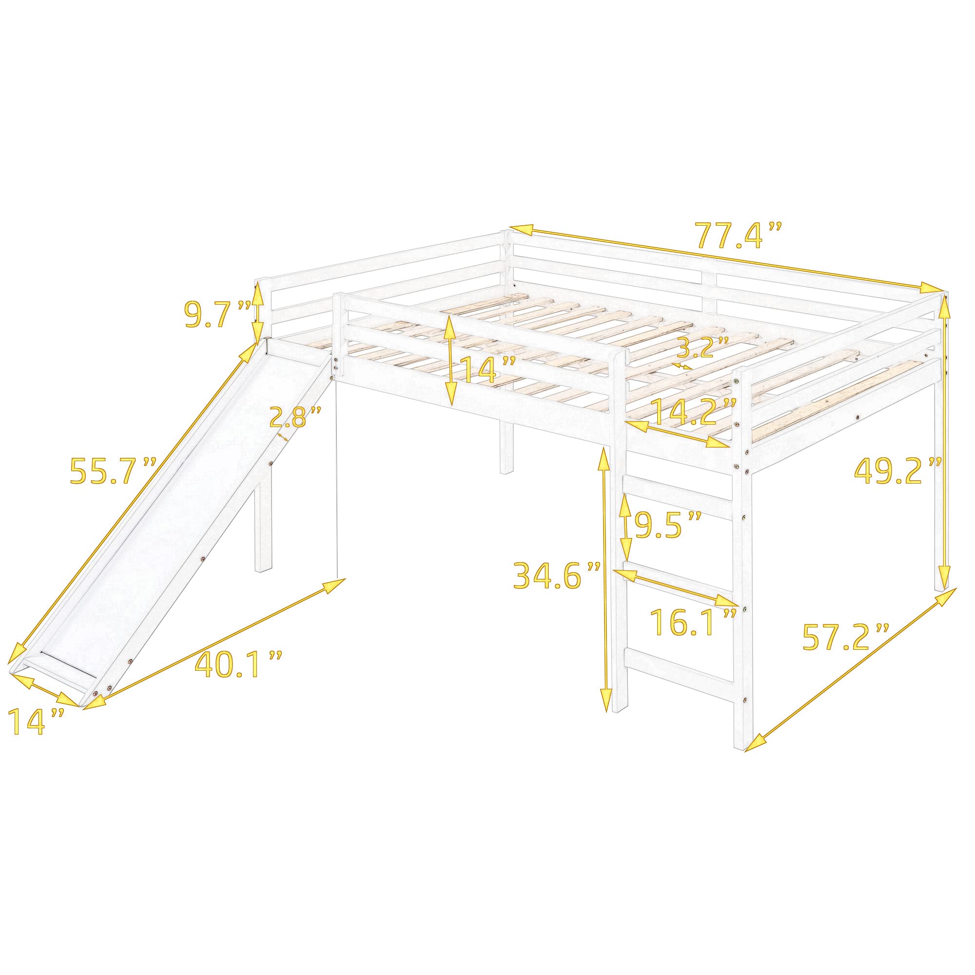 LZ LEISURE ZONE Full Size Wooden Loft Bed with Slide - Sturdy Low Profile Loft Bed Frame for Kids, Teens, Boys & Girls - No Box Spring Required - White - Perfect for Small Bedrooms, Playrooms & Dorm Rooms
