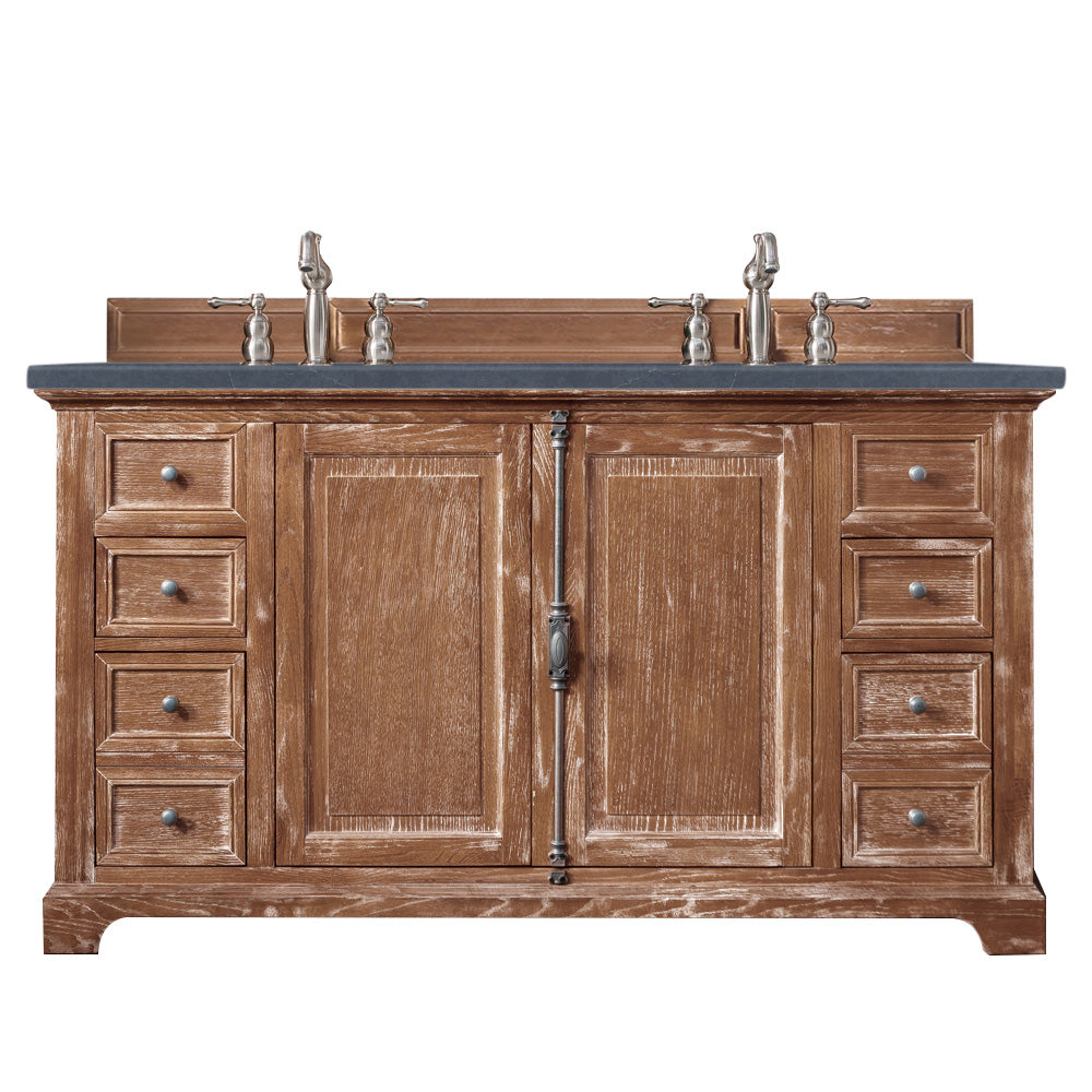 Providence 60-Inch Double Vanity Cabinet in Driftwood Finish with 3CM Charcoal Soapstone Quartz Top - Perfect for Modern Bathroom Renovations and Master Suite Upgrades