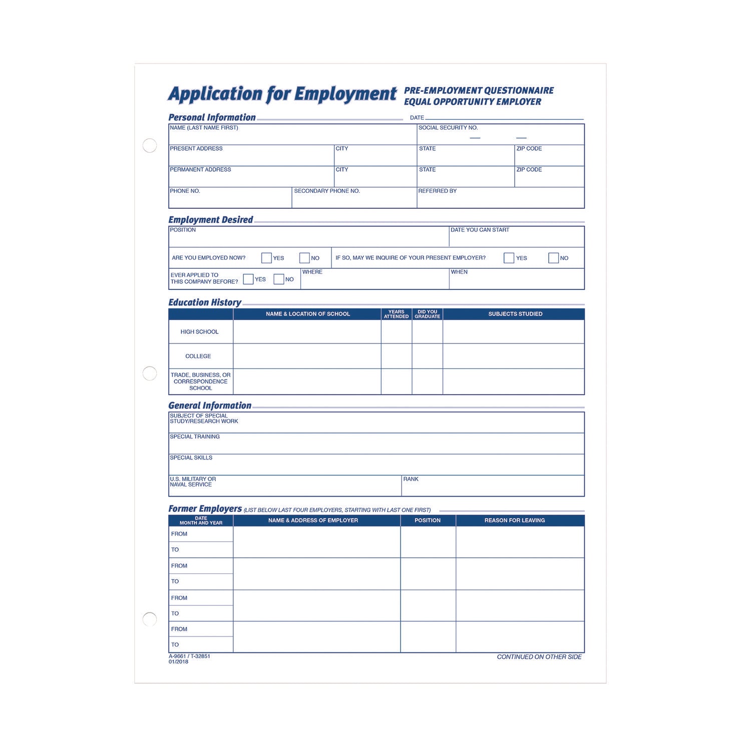 Adams® Employment Application Forms - 1 Part (No Carbon Copy), 11