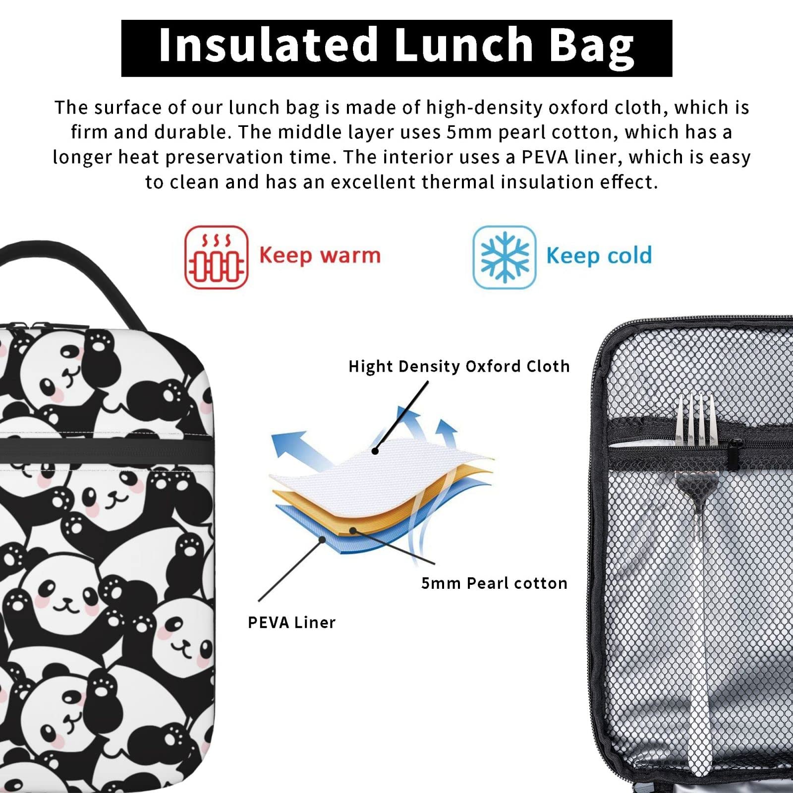 Eco-Friendly Reusable Panda Lunch Bag for Women & Men - Insulated Leakproof Lunch Tote for Office, School & Picnic - Cute Cartoon Panda Design Lunch Box for Adults, Teens & Kids - Perfect for Work, School, Travel & Outdoor Activities