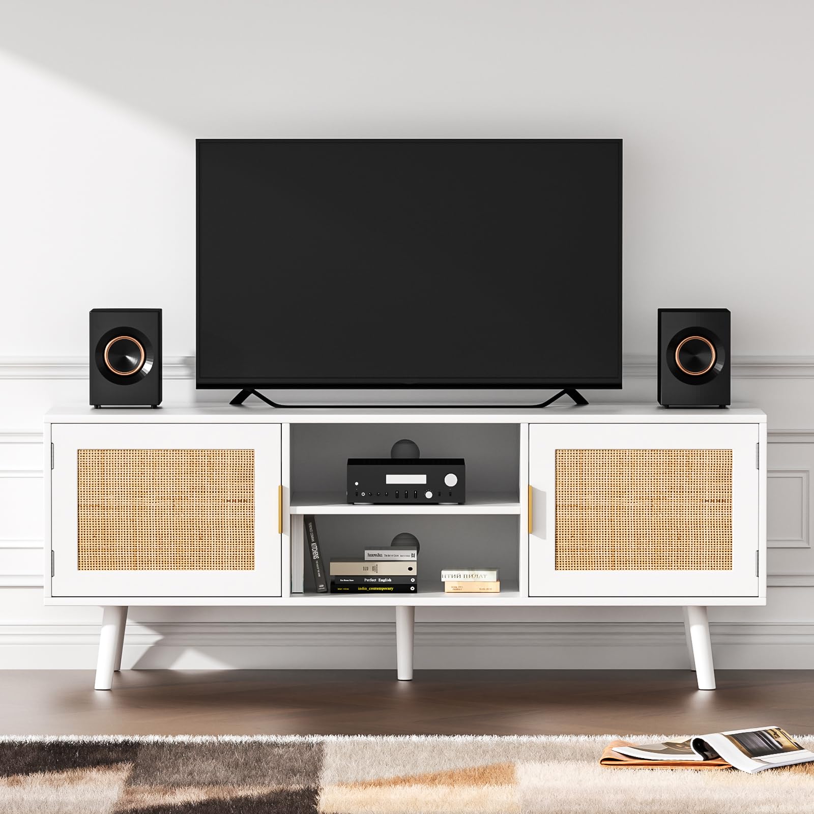 Anmytek 55 Inch Farmhouse Rattan TV Stand - Mid Century Modern Entertainment Center with Storage Cabinet, Wood Media Console for Living Room, Bedroom & Office - White H0055