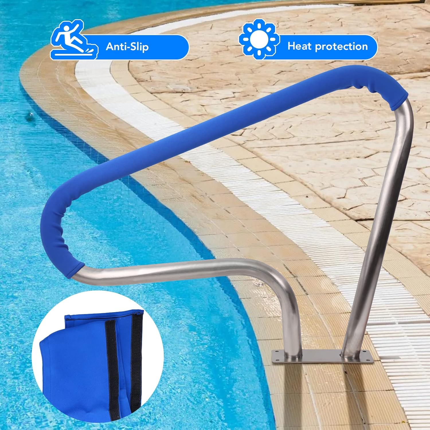 GARVEE 39x32 Inch Stainless Steel Pool Handrail with Non-Slip Blue Grip Cover - Rustproof Stair Rail for Inground Pools - Supports 250 lbs - Perfect for Pool Safety, Elderly Assistance & ADA Compliance