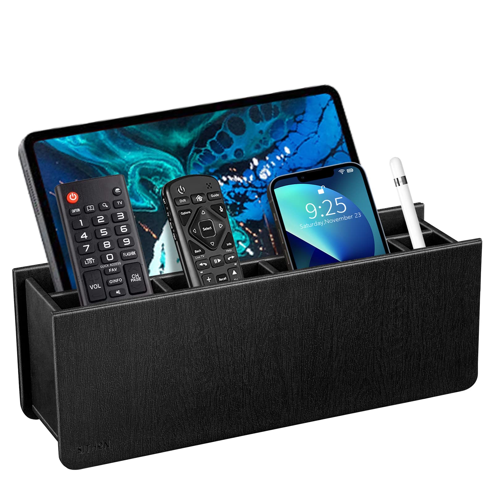 SITHON PU Leather Remote Holder - 5 Compartments Organizer for iPad, Phone & TV Remotes - Office & Home Use