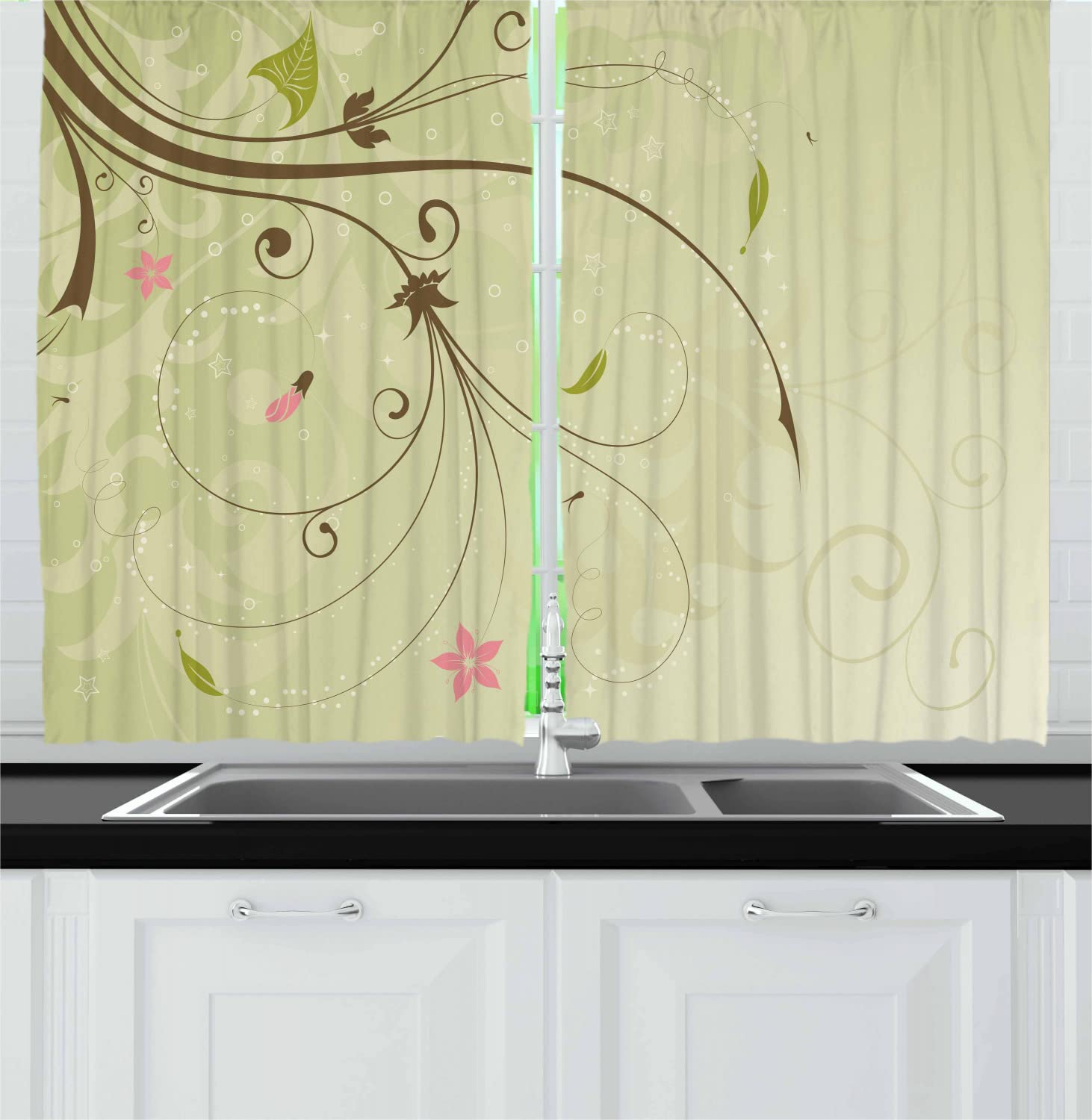 Ambesonne Floral Abstract Kitchen Curtains - Green & Brown Swirl Design with Petal Buds, 55