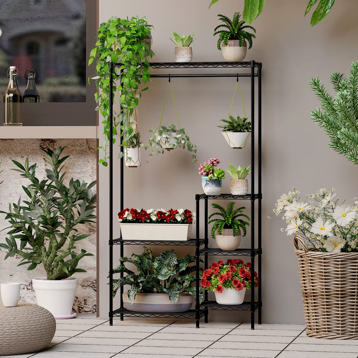 6-Tier Black Plant Stand with Hanger Rod - Indoor Outdoor Flower Shelf for 16 Pots - Perfect for Living Room, Balcony, Garden & Patio Decor