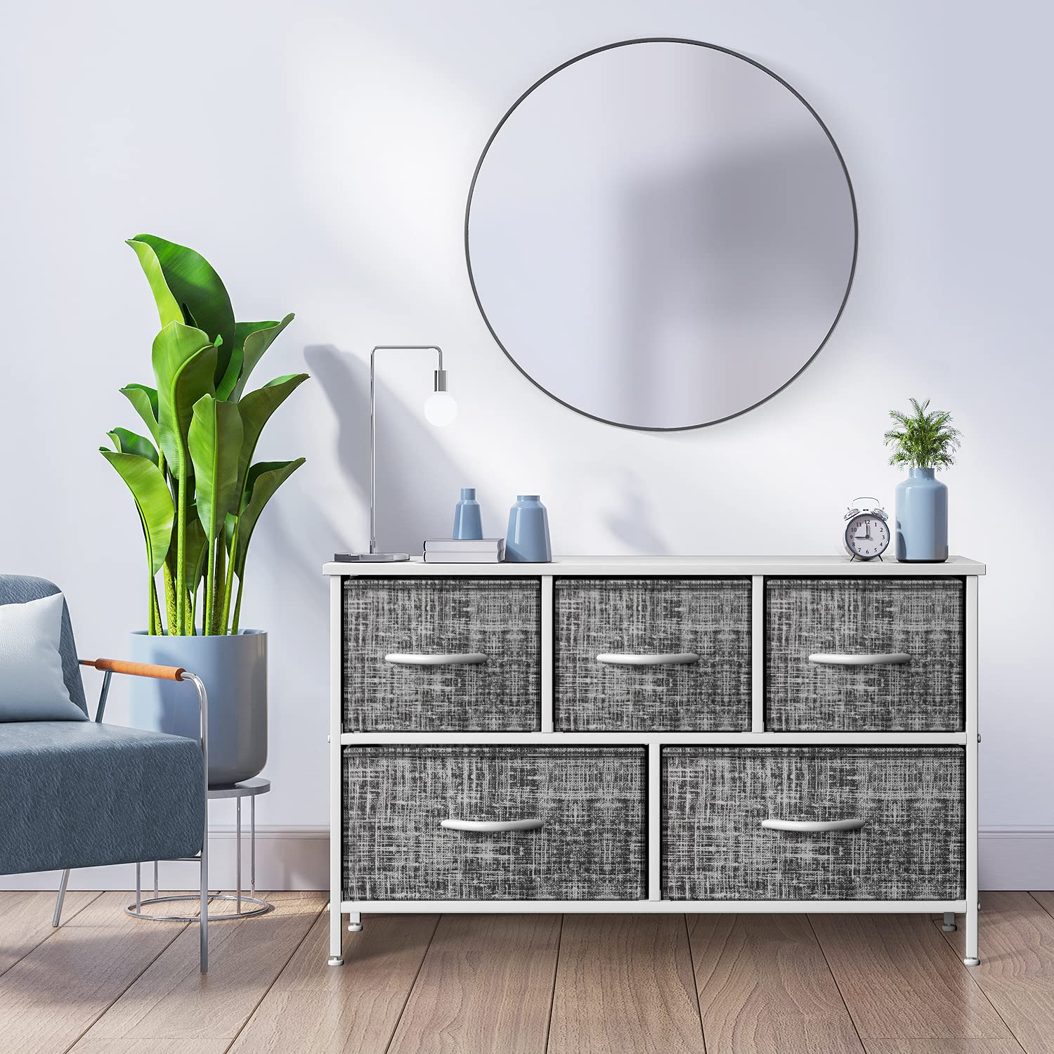 Sorbus 5-Drawer Dresser with Steel Frame & Wood Top - Storage Chest Organizer with Easy Pull Fabric Bins - Wide TV Stand for Bedroom, Hallway, Closet & Office Organization - Perfect for Small Space Storage & Home Decor