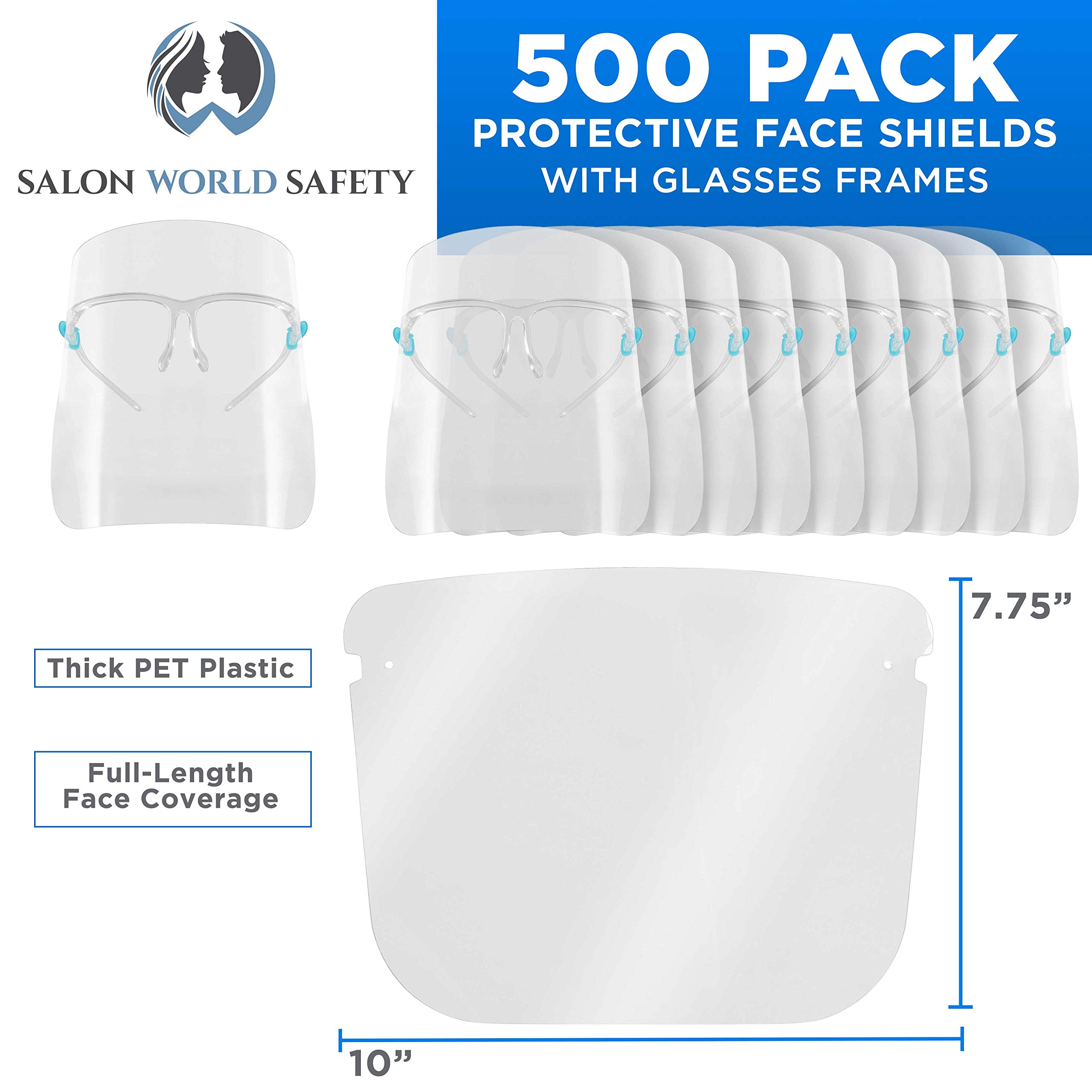 TCP Global Salon World Safety 500 Face Shields with Glasses Frames (20 Packs of 25) - Ultra Clear Anti-Fog PET Plastic Face Protection for Eyes, Nose & Mouth - Sanitary Droplet Guard for Salon, Medical, Construction & Industrial Use