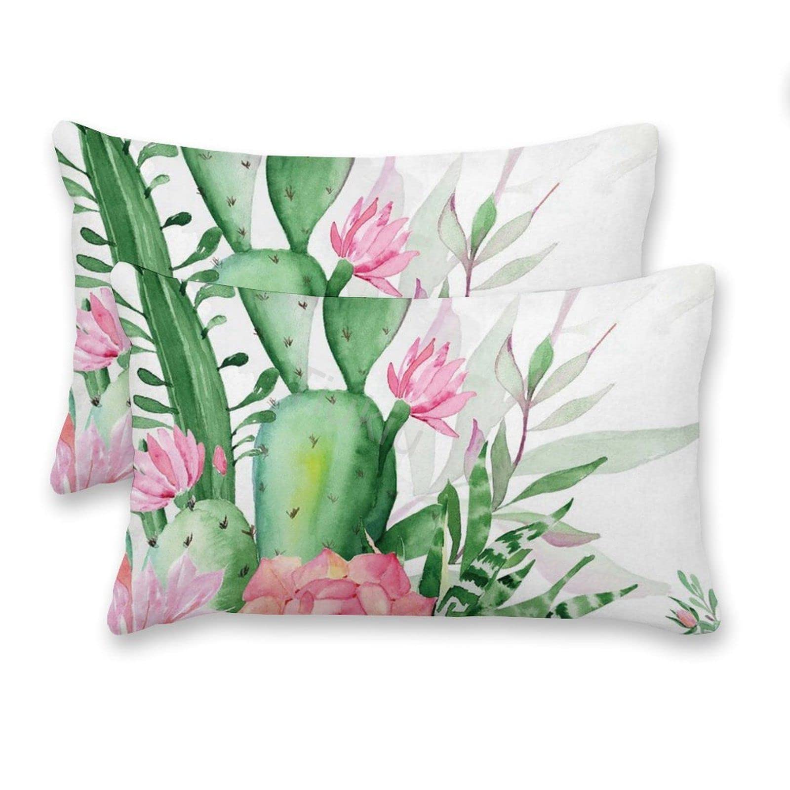 Decorative Lumbar Pillow Covers Set of 2 - 16x26 Inch Canvas Watercolor Cactus Floral Pattern Throw Pillow Cases for Couch, Bed, Sofa & Living Room - Perfect for Home Decor, Accent Pillows & Cozy Living Spaces