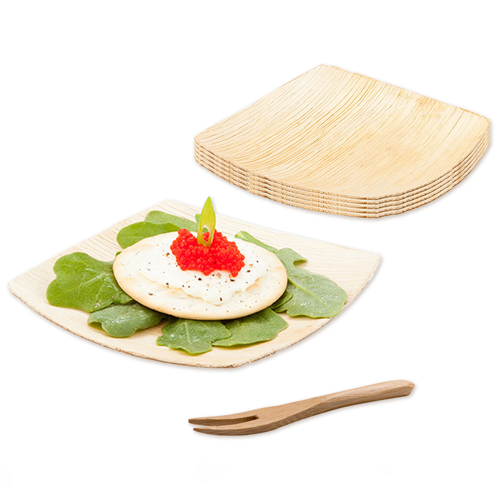 100 Eco-Friendly Palm Leaf Small Plates & 100 Natural Bamboo Mini Forks 3.5