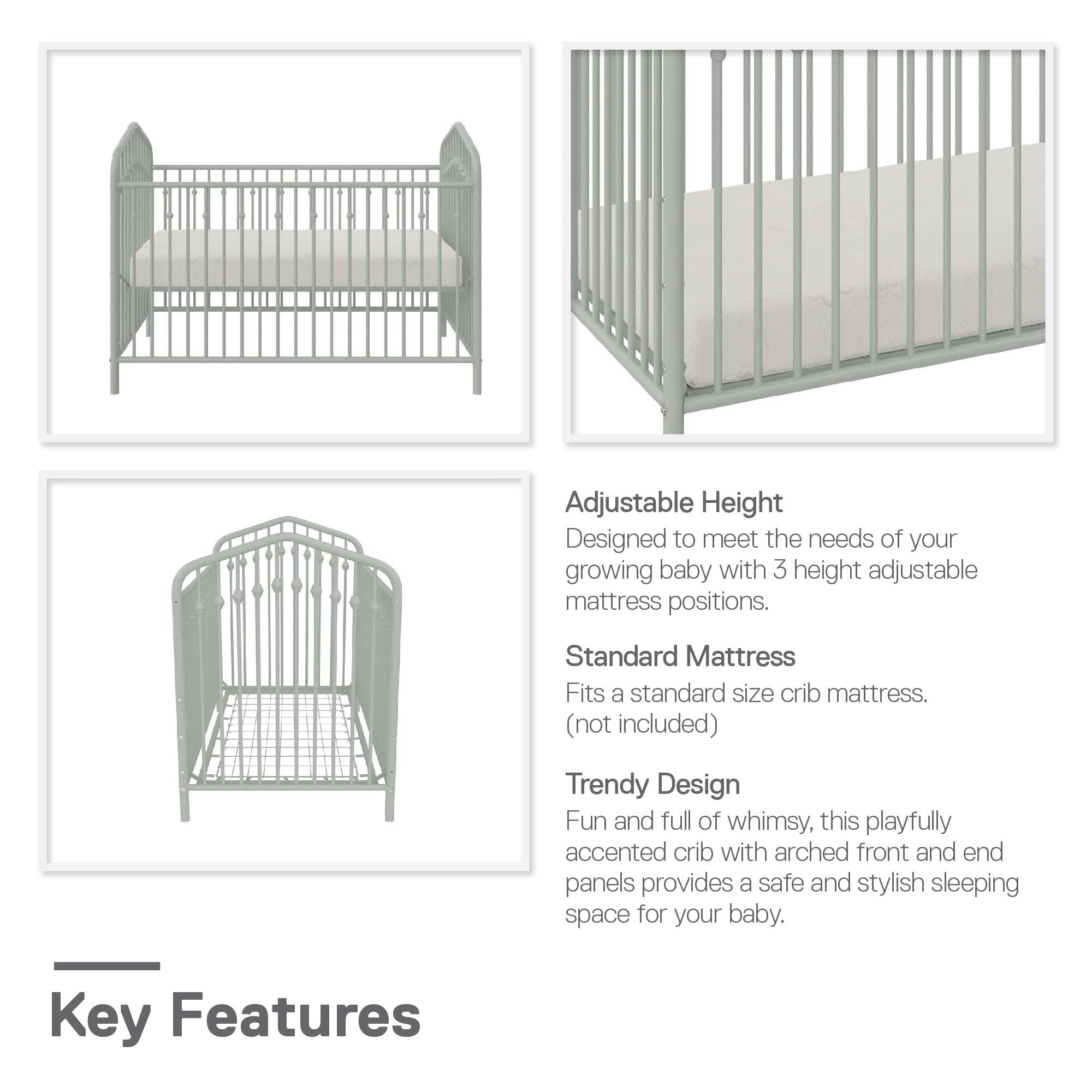 Novogratz Bushwick Metal Baby Crib with 3-Level Adjustable Mattress Height in Sage Green - Modern Nursery Essential for Newborns & Toddlers