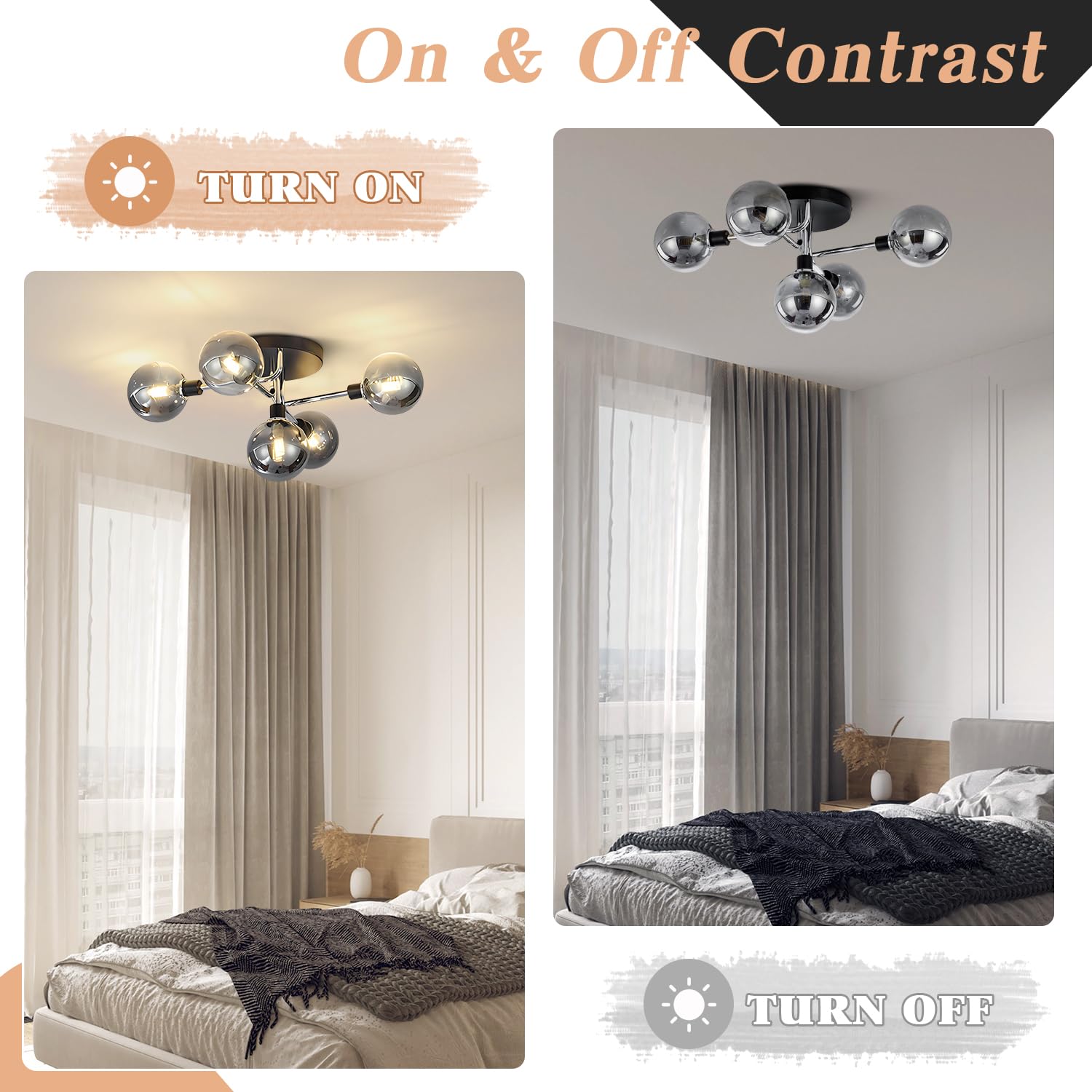 BOKT 5-Light Sputnik Chandelier Semi-Flush Mount Ceiling Light Fixture with Smoked Glass Globes - Modern Pendant Lighting for Kitchen, Dining Room, Living Room & Bedroom (Silver Finish, Bulbs Included) | Perfect for Mid-Century Modern Homes and Contemporary Spaces