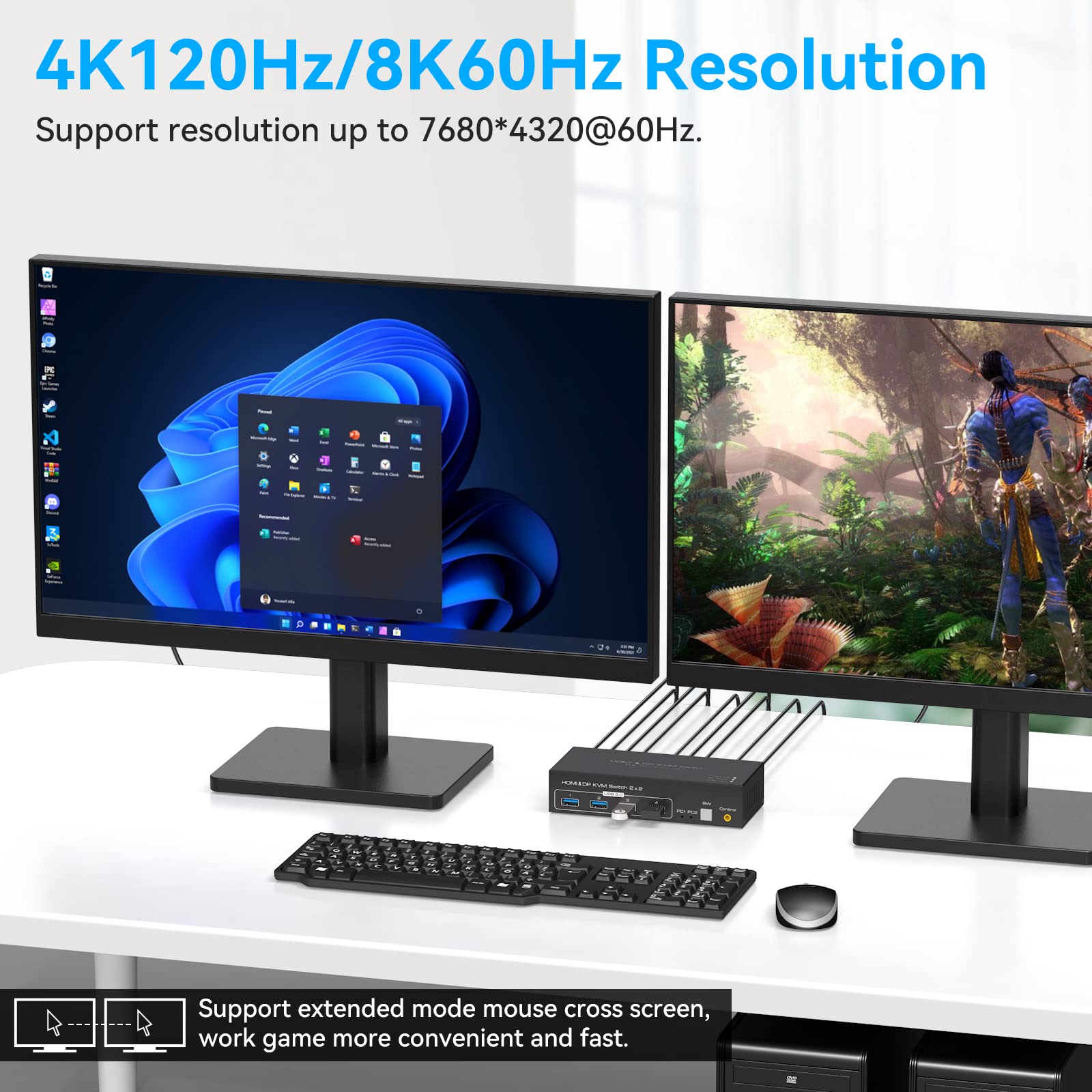 VPFET 4K120Hz HDMI DisplayPort KVM Switch for 2 PCs & 2 Monitors - 8K60Hz Dual Monitor KVM Switch with 4 USB 3.0 Ports, Supports Clone & Extend Mode - Perfect for Gaming, Office Work & Multi-Tasking