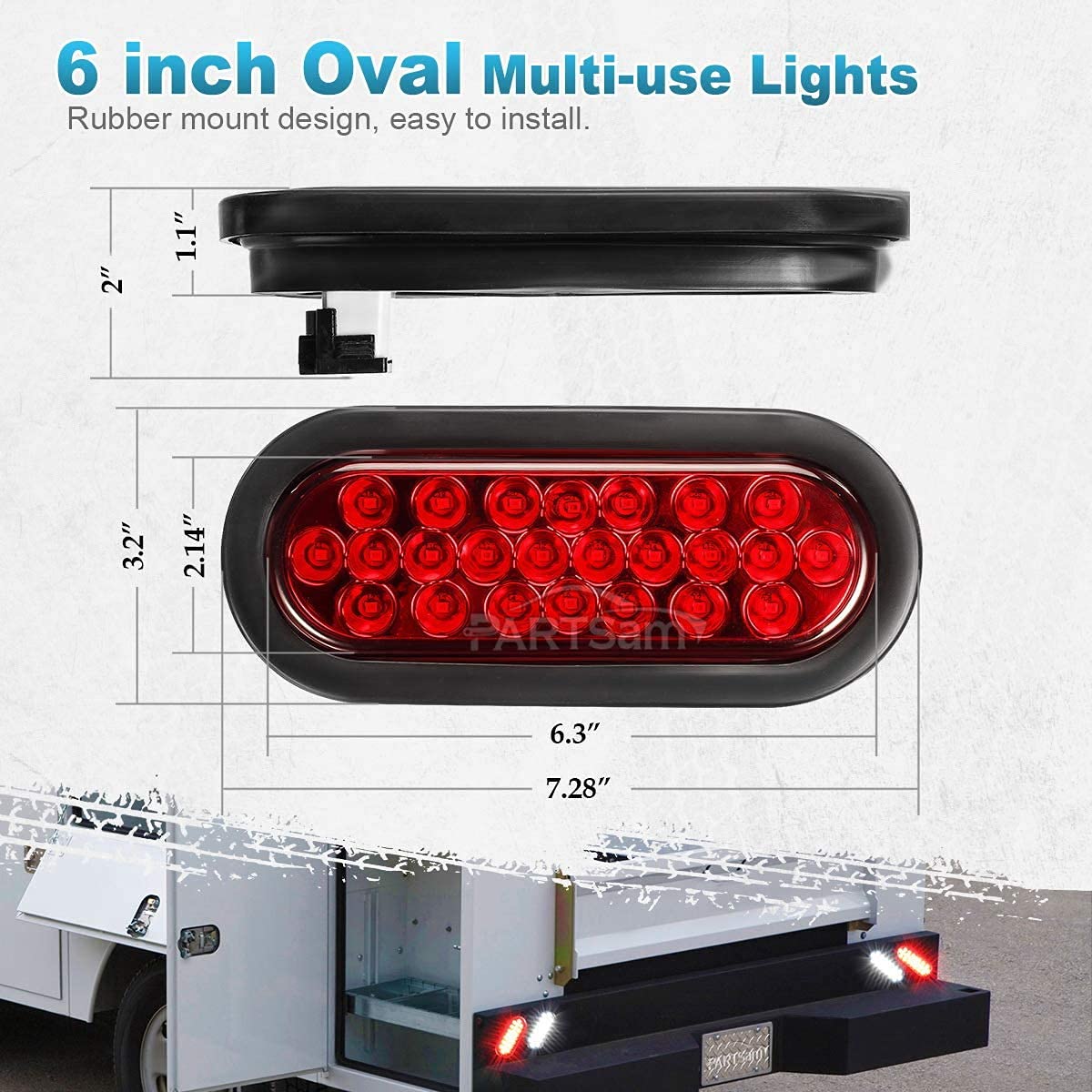 Partsam 2-Pack 6 Inch Red Oval LED Trailer Tail Lights with 24 LEDs + 5-Pack 2 Inch Red Round Sealed Clearance Marker Lights - Grommet Mount, Pigtails Hardwired - Perfect for Semi Trucks, Trailers, Boats & RVs