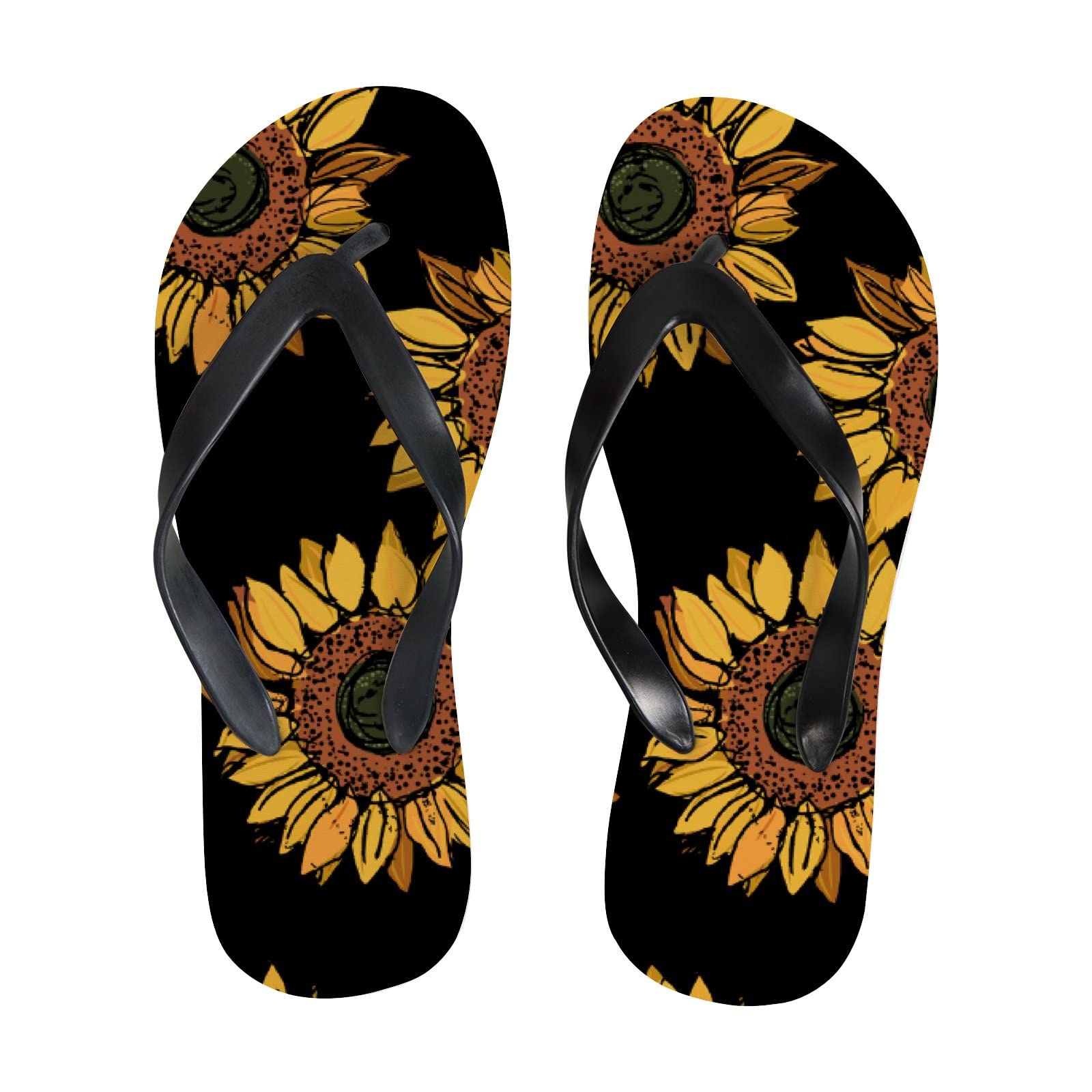 Vintage Sunflower Floral Watercolor Flip Flops - Black & Yellow Slide Sandals for Women & Men | Summer Beach Slippers, Casual Yoga Mat Shoes, Thong Sandals for Outdoor & Indoor Wear