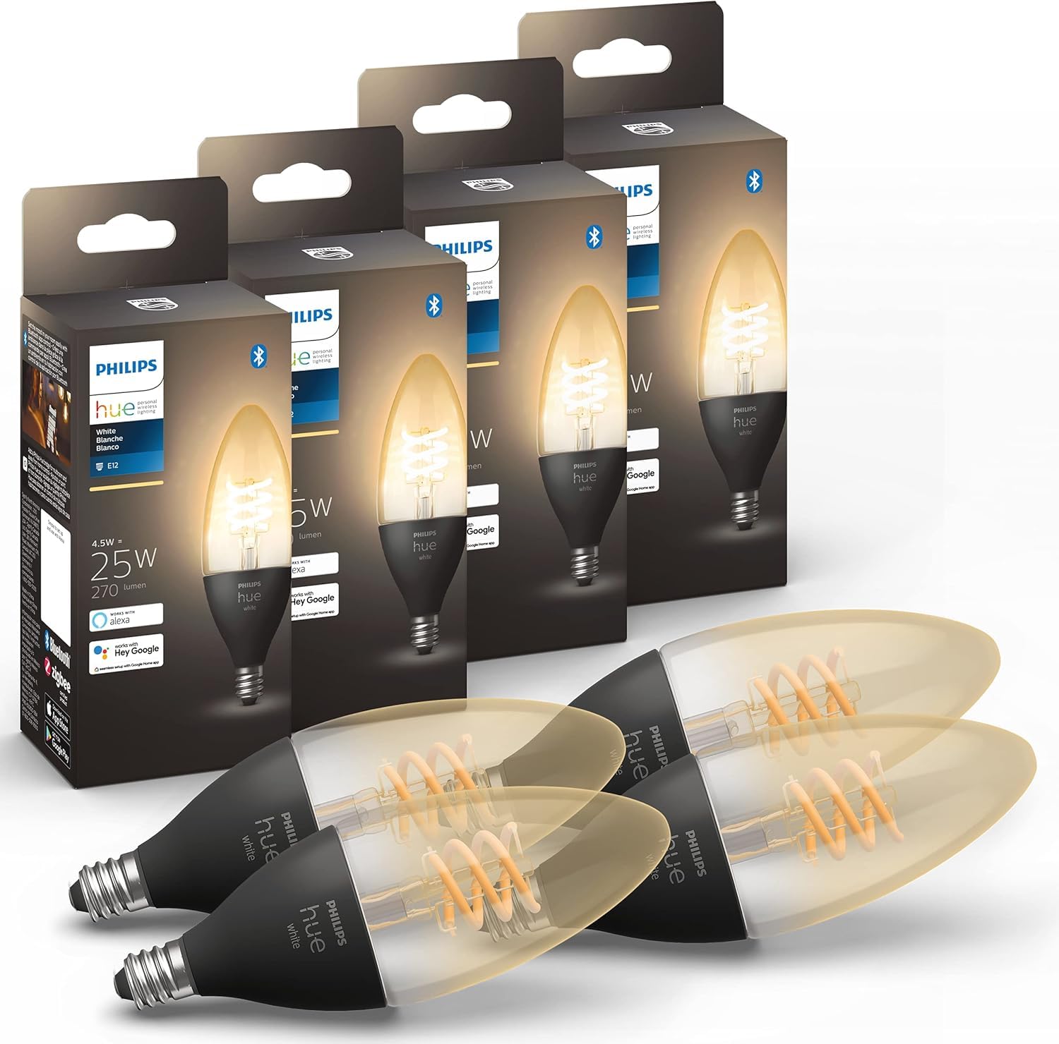 Philips Hue Smart 25W Candle-Shaped Filament LED Bulb - 4 Pack Soft Warm White Light (270LM, E12 Base) - Works with Alexa, Google Assistant & Apple HomeKit - Smart Home Lighting for Bedroom, Living Room & Dining Room