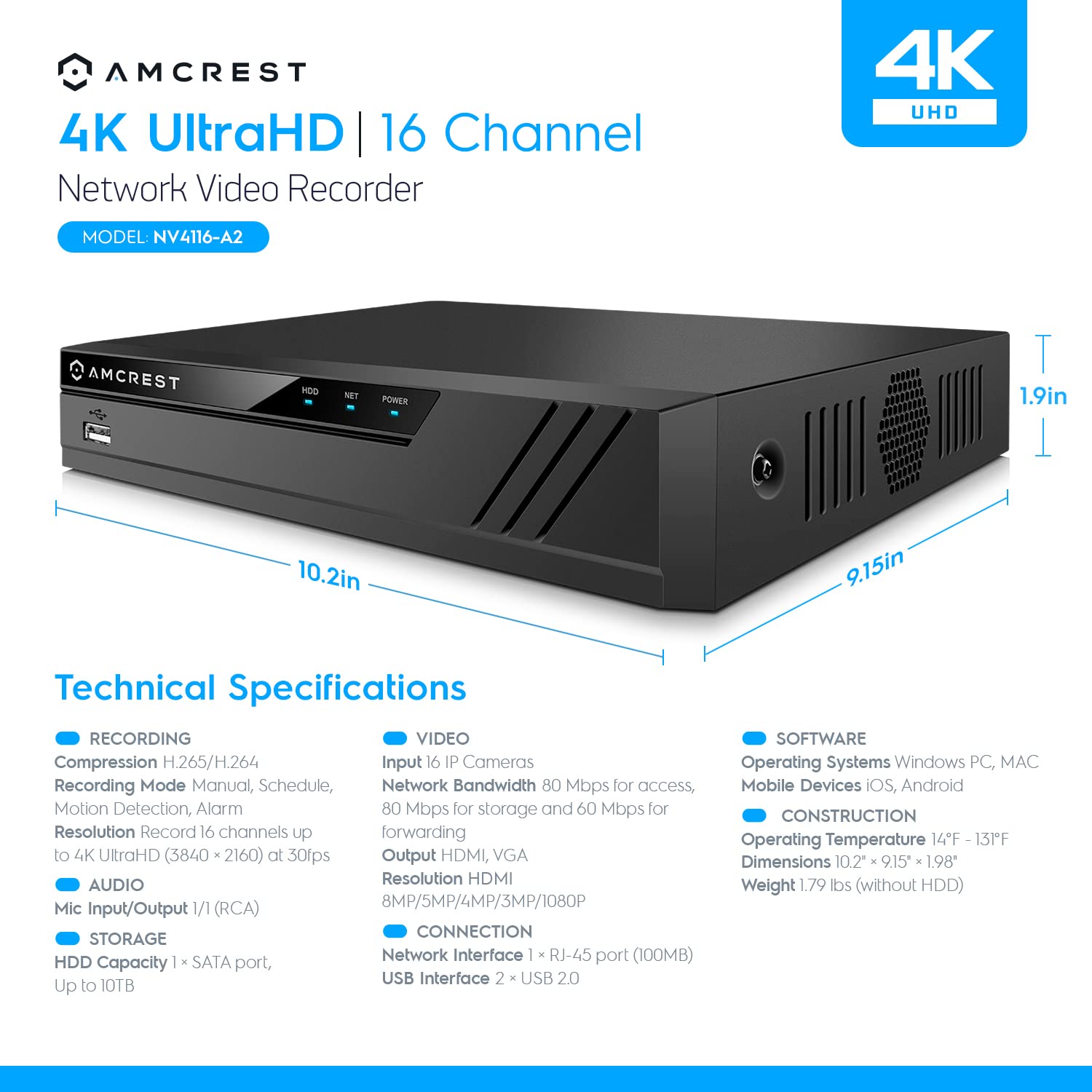 Amcrest 16 Channel 4K NVR Security System - 16CH Network Video Recorder Supports 8MP/4K IP Cameras, 10TB HDD Capacity (HDD Not Included) NV4116-A2 - Ideal for Home & Business Surveillance