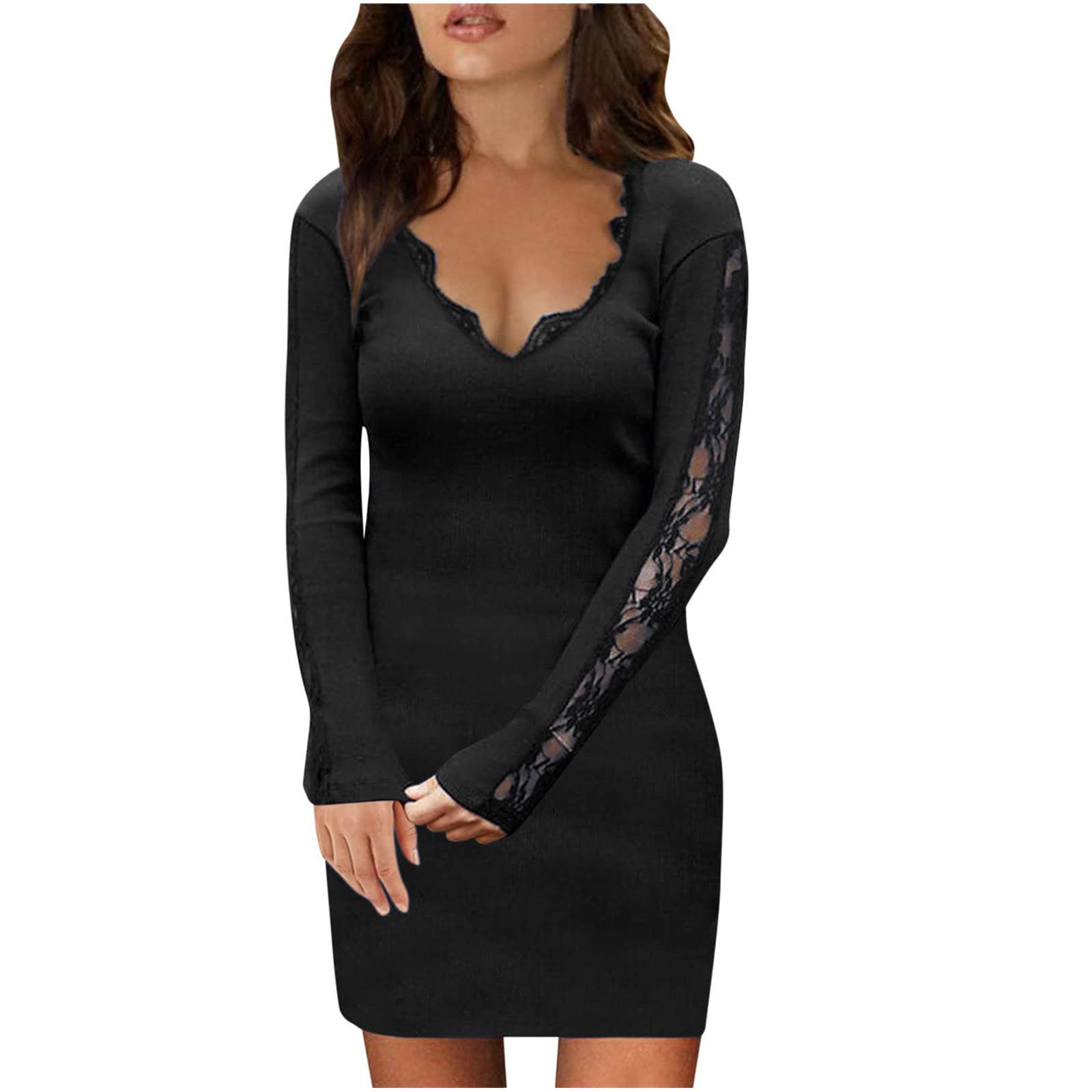Elegant Women's Lace Stitching V-Neck Long Sleeve T-Shirt Dress - Bodycon Pencil Dress for Office, Party & Formal Occasions | Perfect for Workwear, Cocktail Events & Evening Outfits