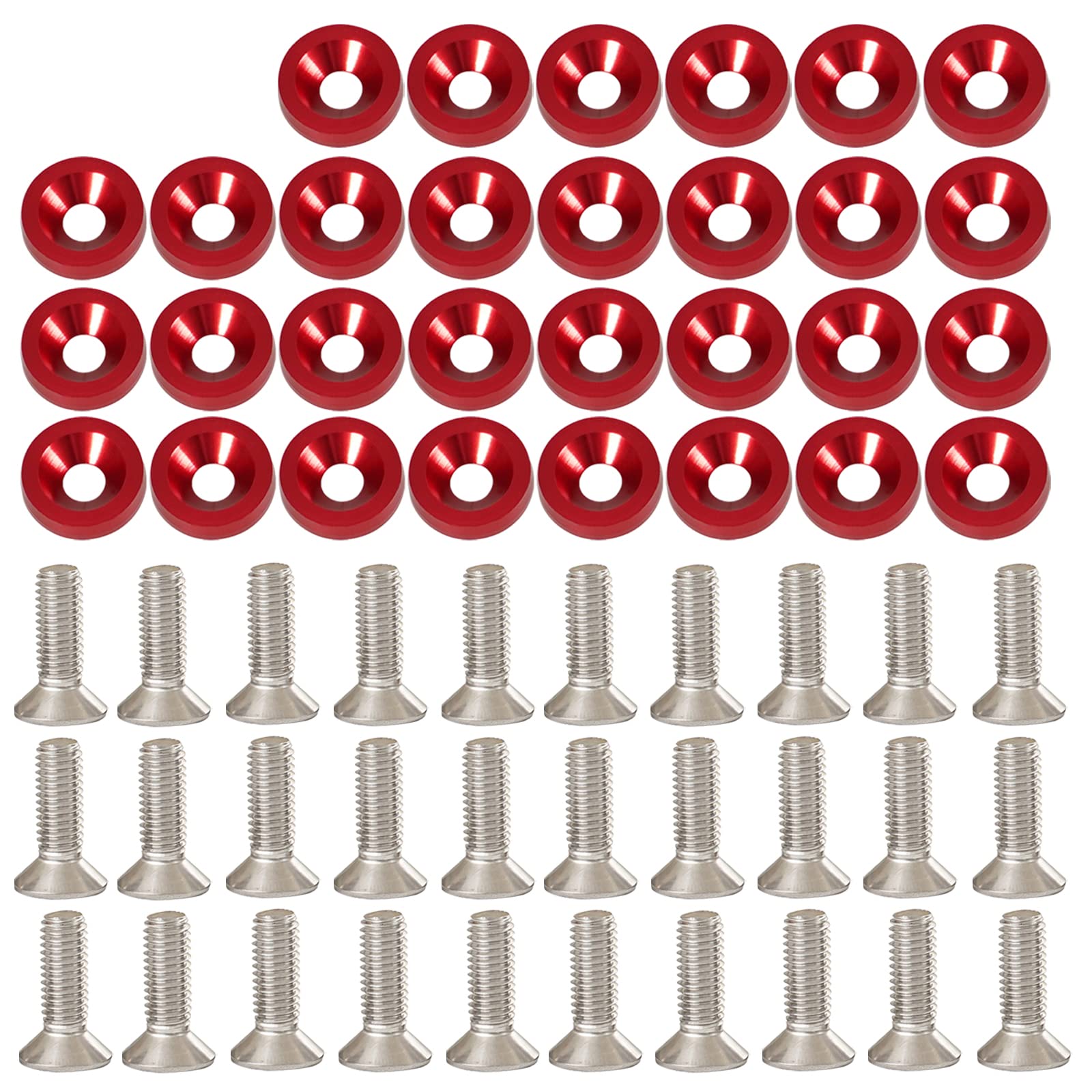 YESHMA 30Pcs M6x20mm Bumper Washers with Bolts - Red Aluminum Fastener Kit for Headlights & License Plates