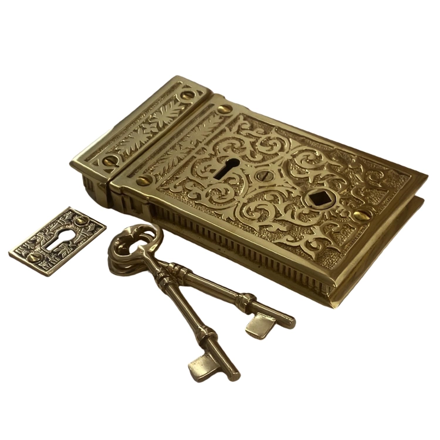 Victorian Style Rectangular Solid Brass Ornate Rim Lock - The King's Bay Antique Door Hardware (No Knobs) | Perfect for Historic Home Restoration & Vintage Interior Design