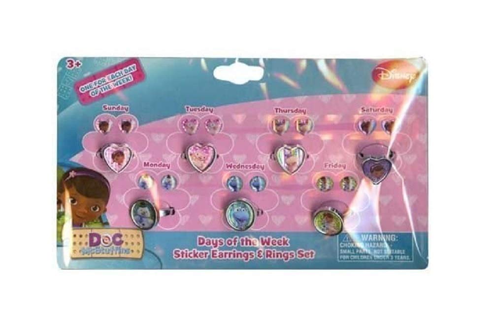 Doc McStuffins Days of the Week Earrings and Rings Set - Disney Junior Character Jewelry for Girls - Perfect for Dress Up, Birthday Gifts & Role Play Fun
