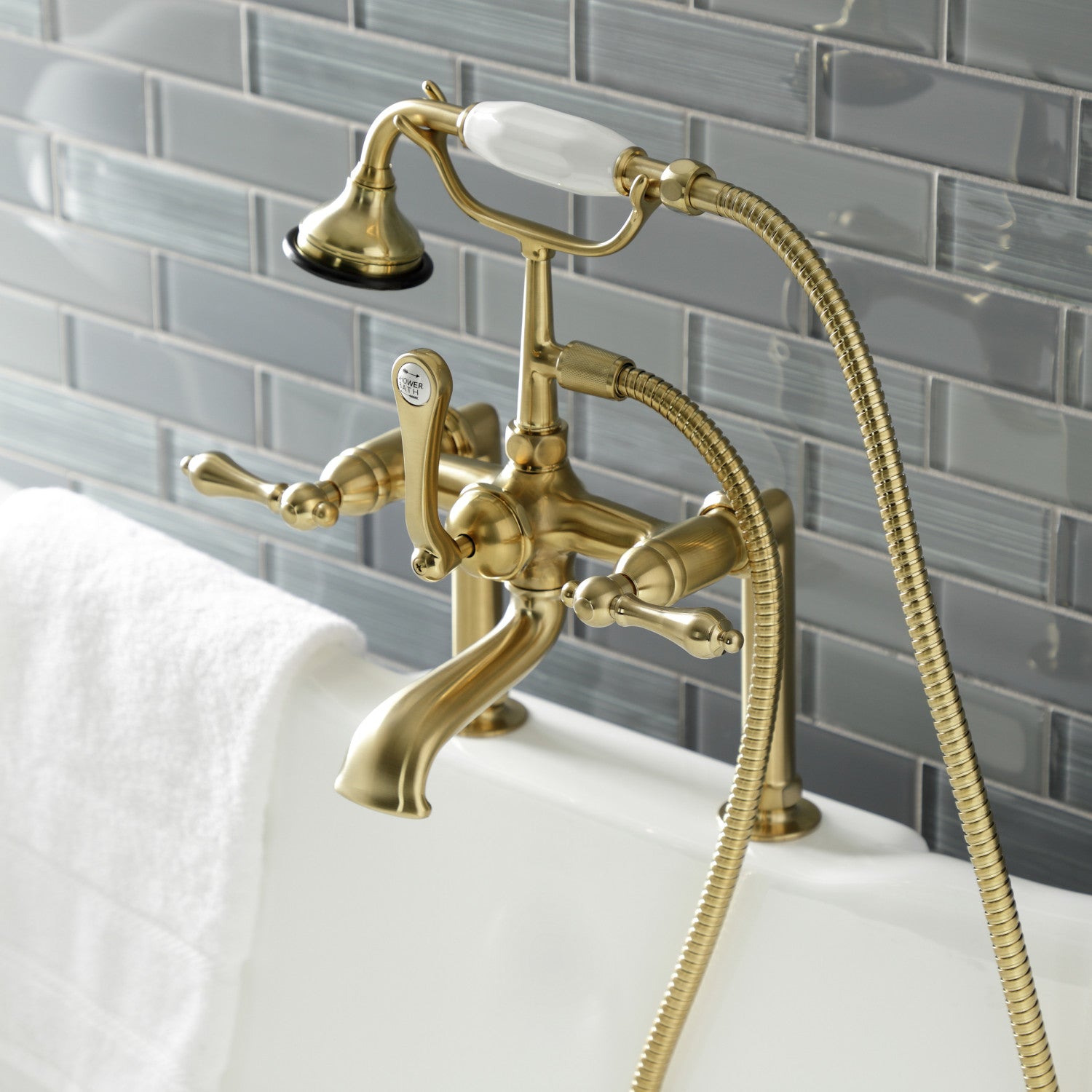 Vintage AE103T7 3-Handle 2-Hole Deck Mount Clawfoot Bathtub Faucet with Hand Shower in Brushed Brass - Perfect for Classic Bathroom Renovations & Luxury Spa Retreats