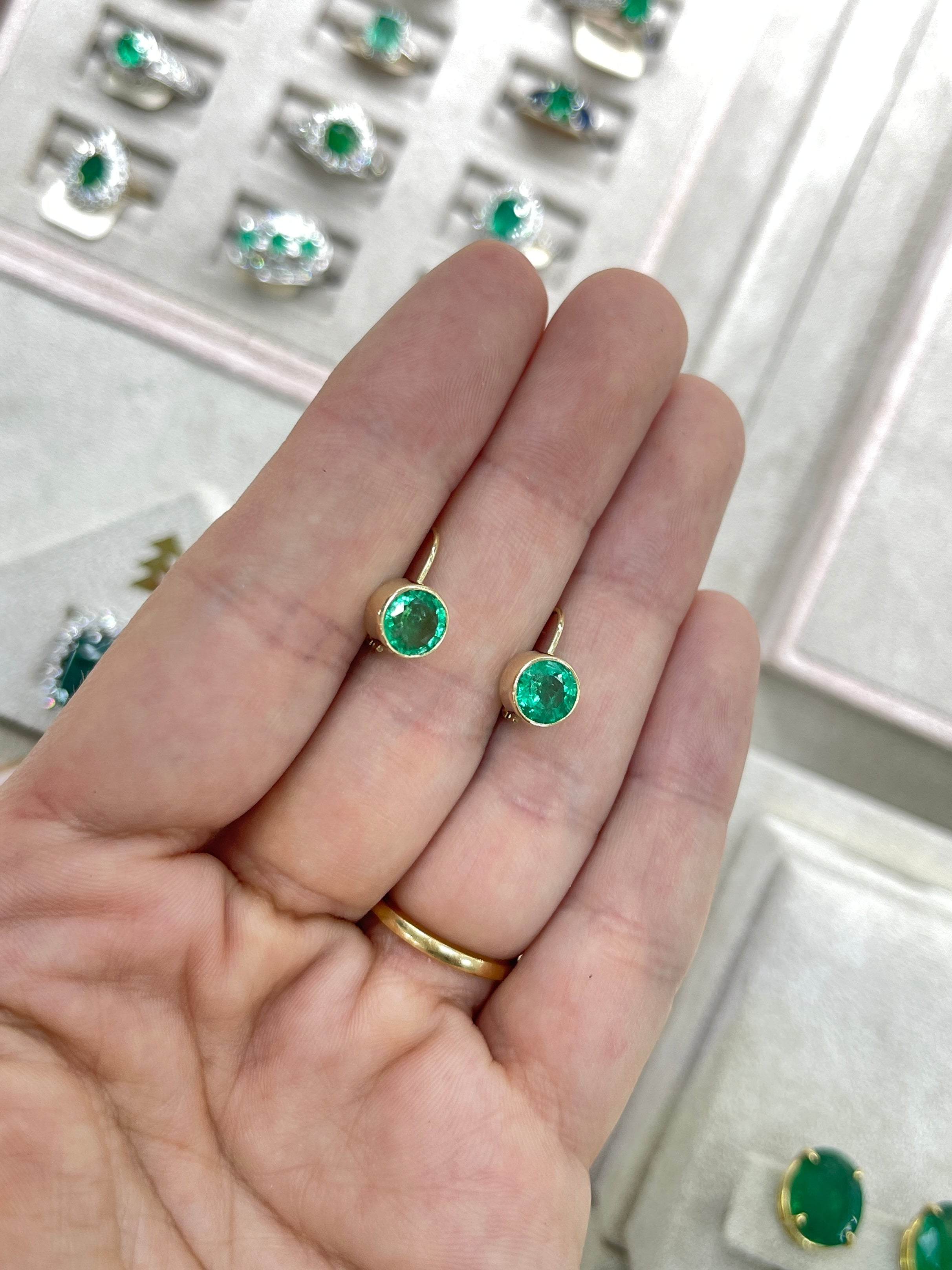 2.30tcw Round Emerald Bezel Leverback Earrings in 14K Gold - Elegant Dangle Earrings for Women, Perfect for Weddings, Parties & Special Occasions