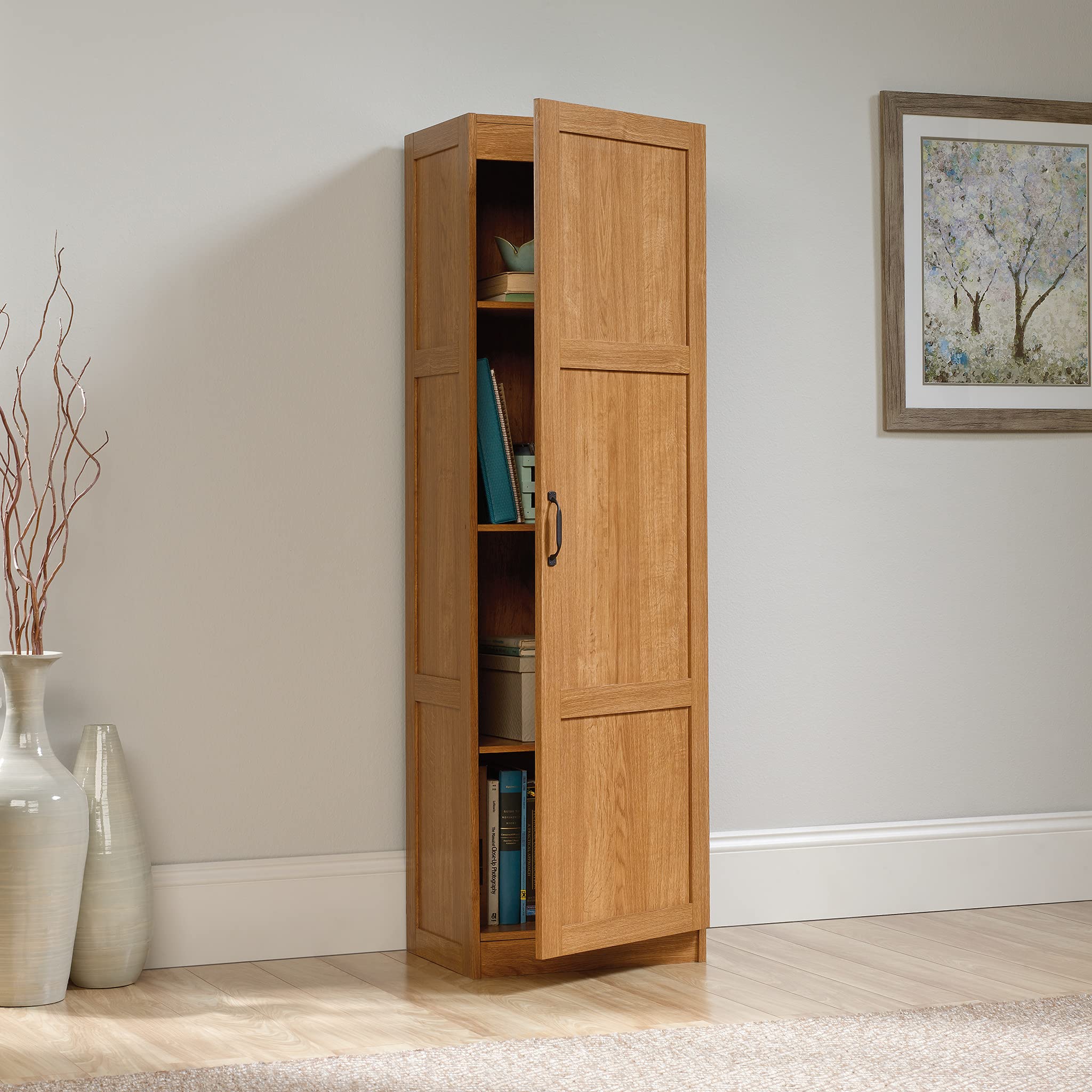 Sauder Storage Cabinet with Adjustable Shelves - Highland Oak Finish Pantry Organizer for Kitchen, Bathroom, or Office Use