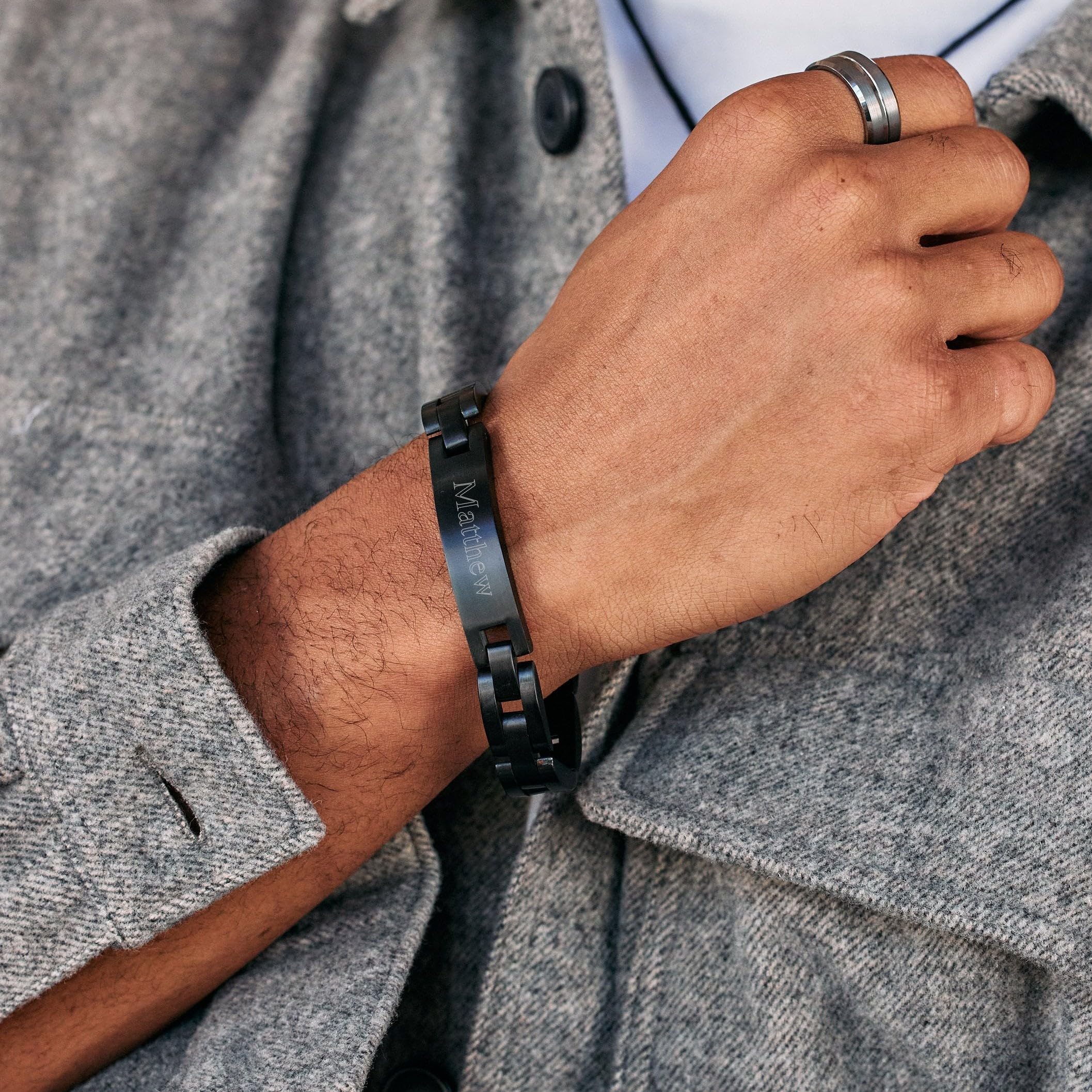 Custom Stainless Steel Black Plated Men's ID Bracelet - Personalized Name Bracelet for Men - 8.5 Inch Adjustable Engraved Jewelry - Unique Gift for Boyfriend, Husband or Dad - Perfect for Anniversaries, Birthdays & Couples Matching