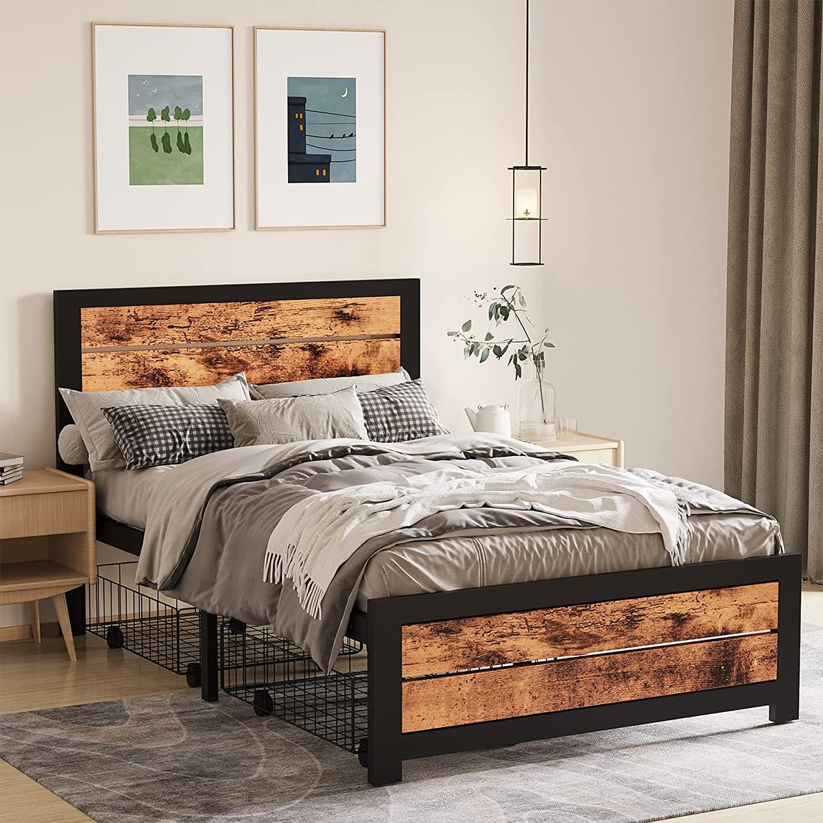WAYTRIM Twin Platform Bed Frame with Wooden Headboard & Footboard - Industrial Metal Slat Support, No Box Spring Needed, Includes 2 Underbed Rolling Storage Carts - Retro Brown Finish - Perfect for Teens, Kids & Adults Bedrooms, Dorm Rooms or Guest Rooms