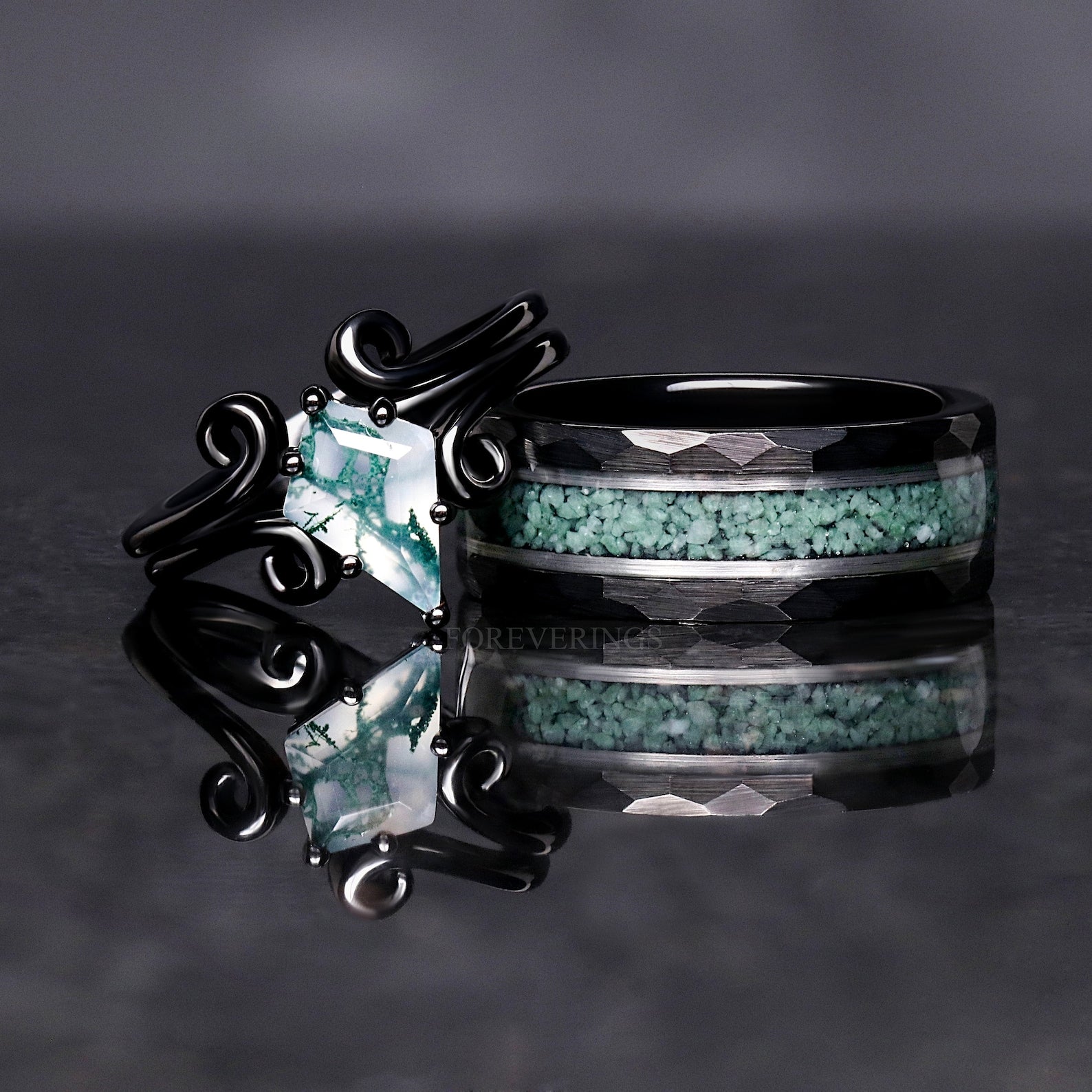 Green Moss Agate Twisted Couple Rings Set - Natural Stone Wedding Band for Him & Her - Perfect for Anniversaries, Engagements and Romantic Gifts
