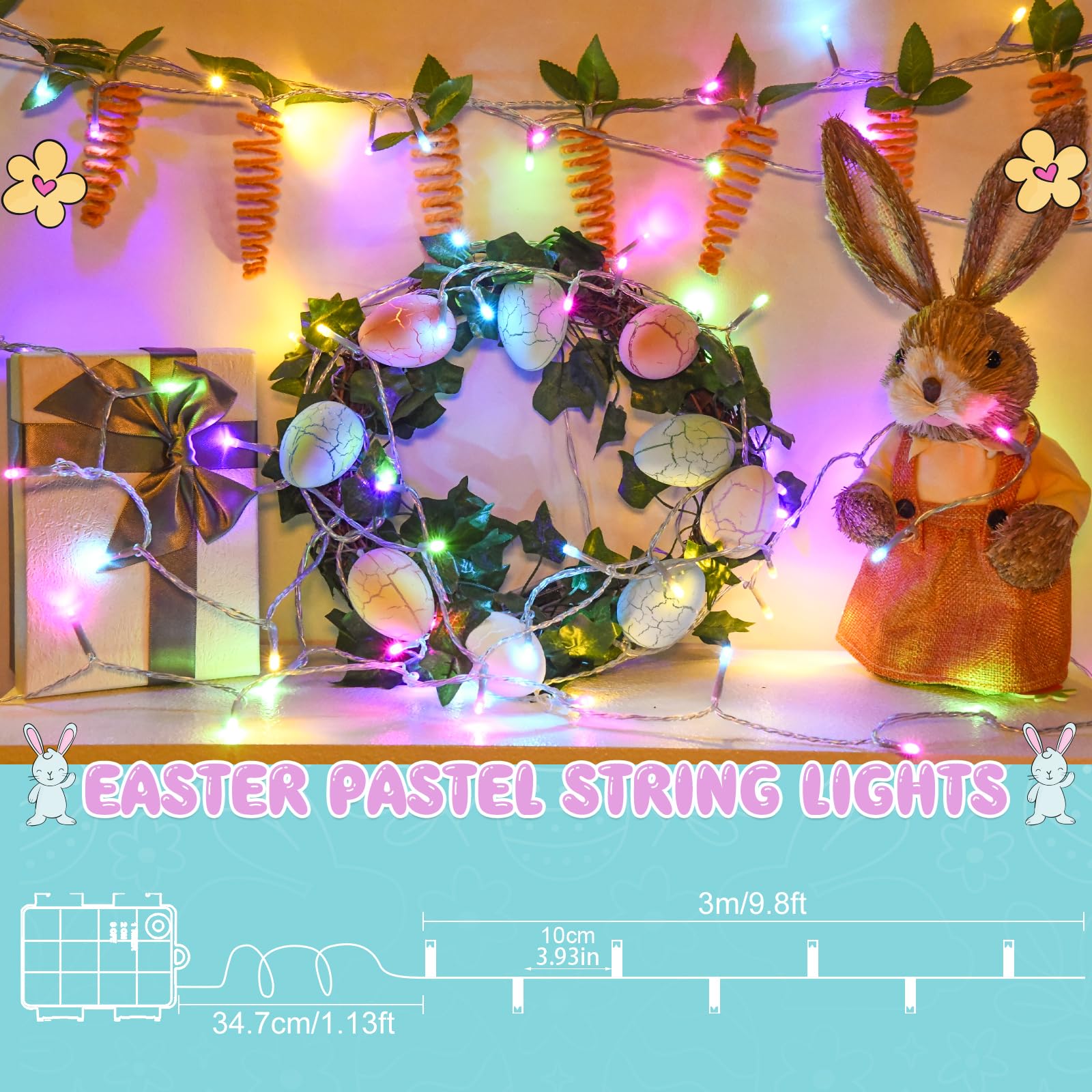 Pastel Easter String Lights - 9.8ft 30 LED Battery Operated Fairy Lights with Timer for Indoor/Outdoor Decor | Easter Party, Home, Garden & Holiday Decoration
