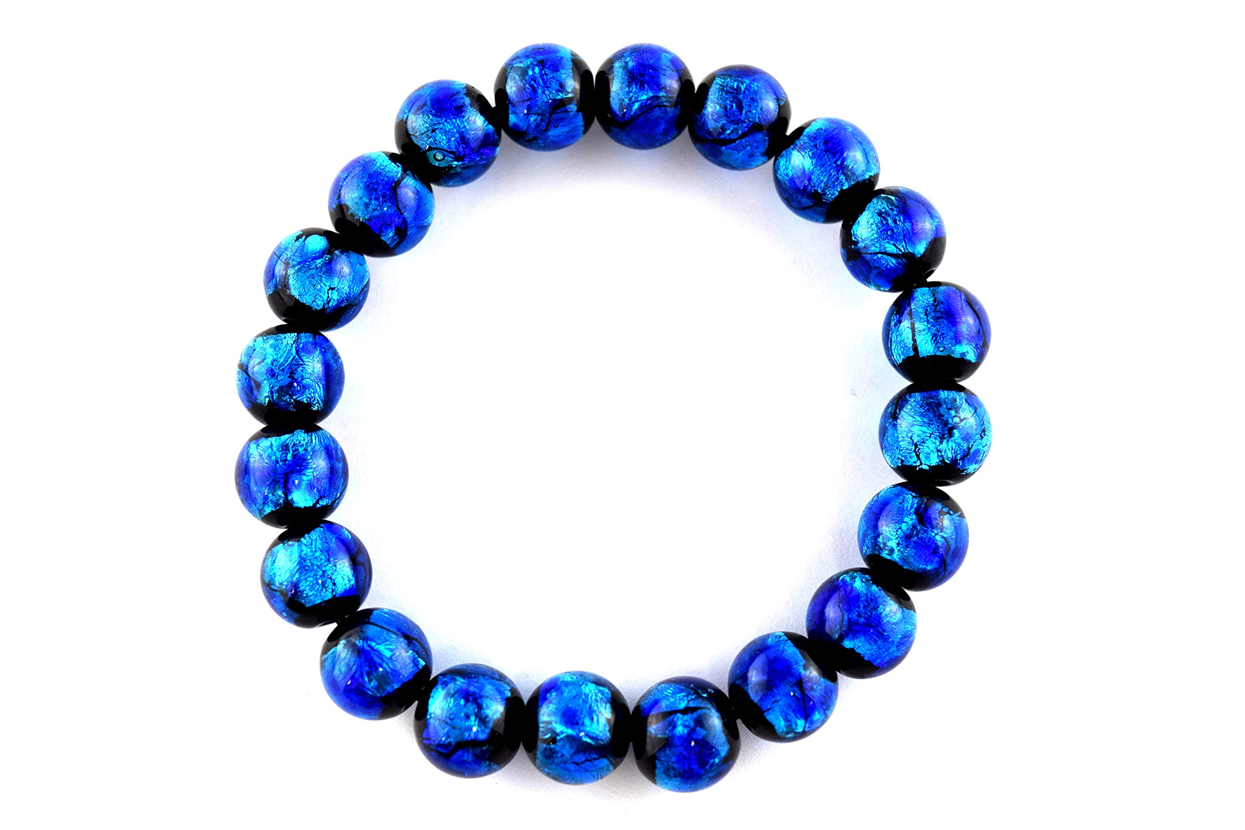 Black Onyx & Pink Blue Ryukyu Fluorite Glass Stretch Bracelet - Japanese Buddhist Prayer Beads for Meditation, Yoga & Spiritual Healing - Elastic Gemstone Jewelry Gift for Women & Men