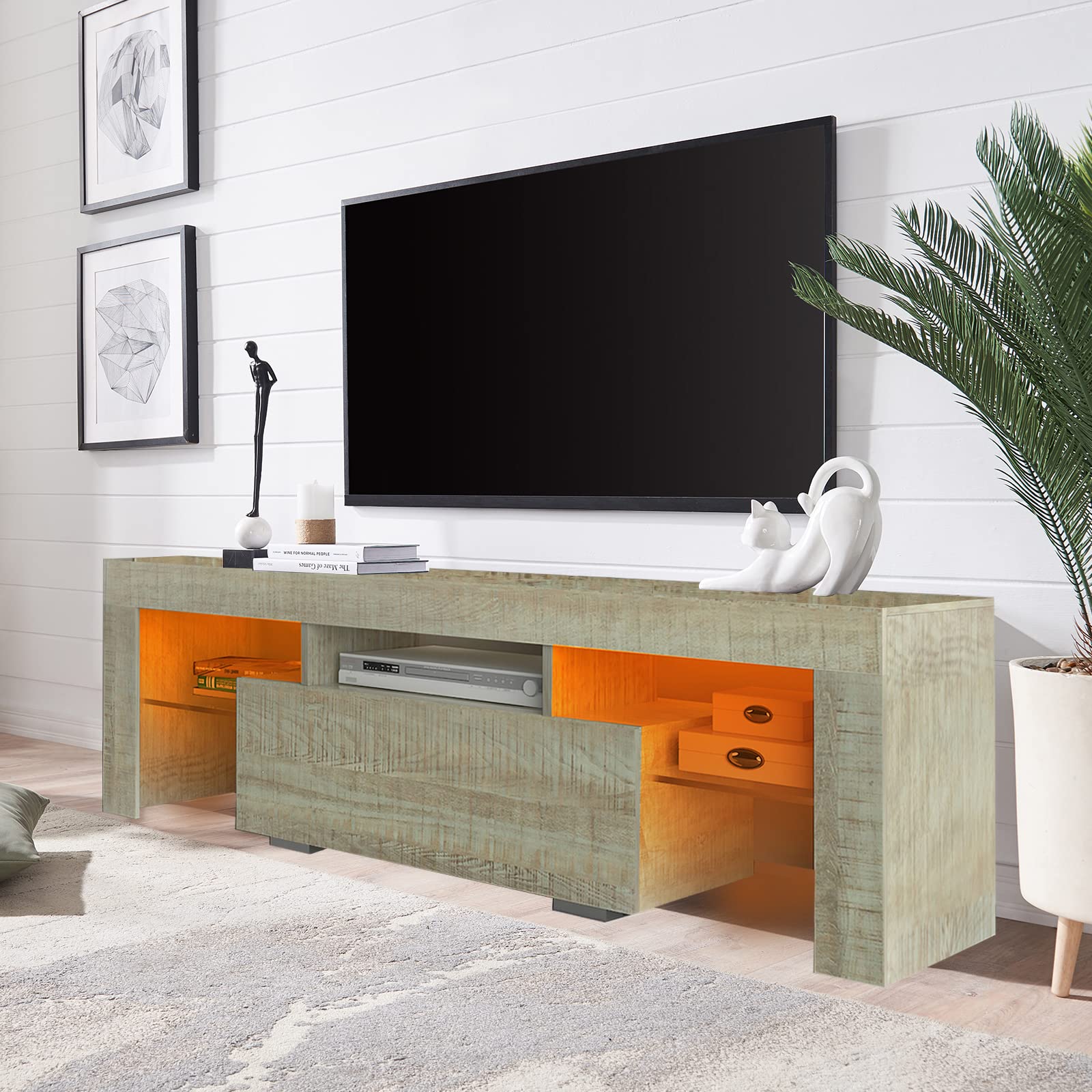 Modern LED TV Stand with 16 Color Remote Control Lights - Wooden TV Cabinet with Storage Drawers for 55 Inch Flat Screen TV - Perfect for Living Room Entertainment (Brown-Grey) | Home Theater Setup & Gaming Console Storage