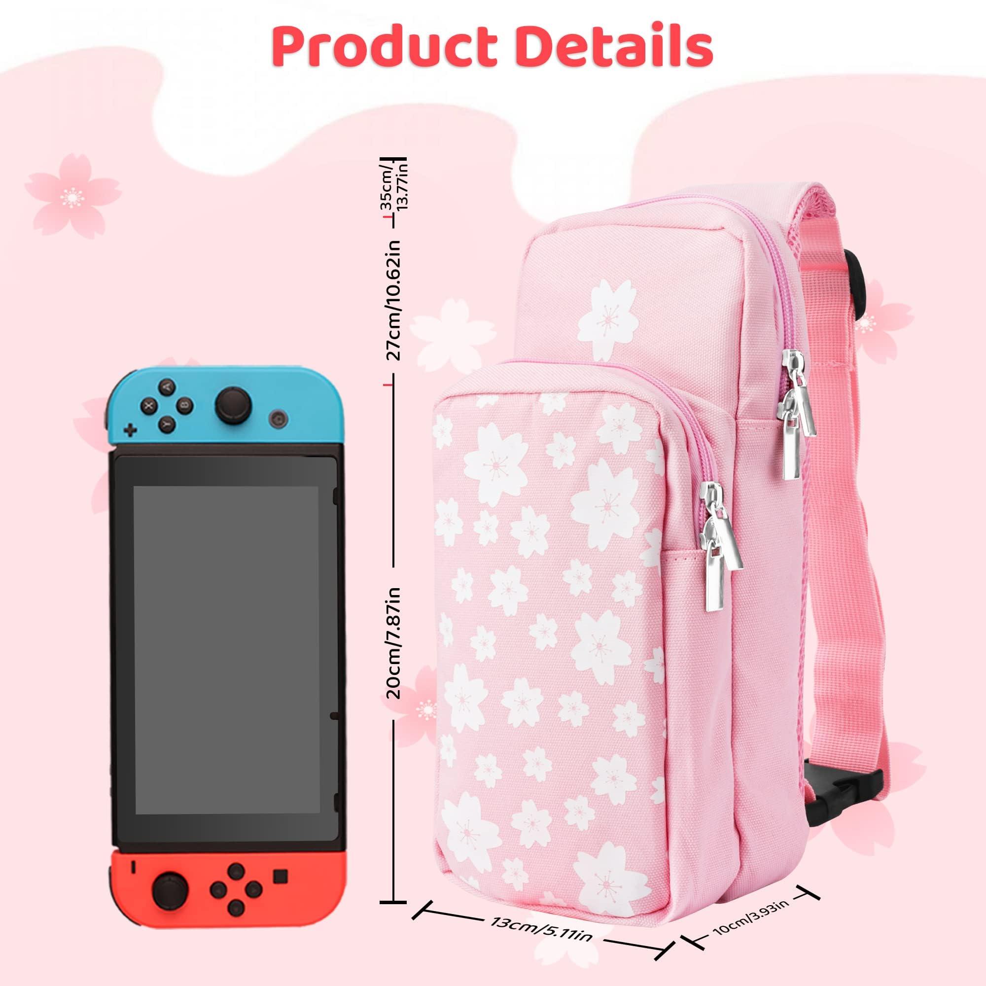 Pink Travel Bag for Nintendo Switch/Lite/OLED - Large Capacity Portable Carrying Case with 12 Game Slots & Thumb Grip Caps - Sakura Design - Perfect for Gaming On The Go, Travel, and Accessories Storage
