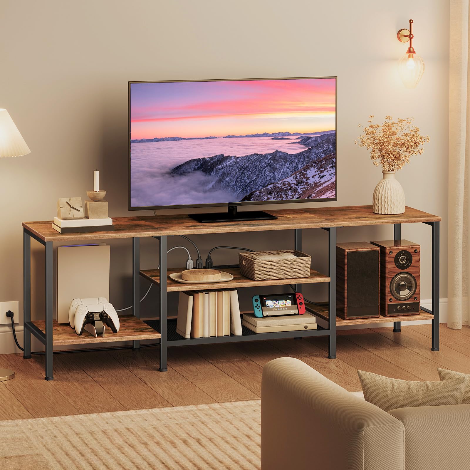 HOOBRO 75 Inch TV Stand with Power Outlets, Industrial TV Console Table with Open Storage Shelves & Cabinet, Rustic Brown & Black Entertainment Center for Living Room & Bedroom - Perfect for Gaming, Movie Nights & Home Theater Setup (Model BF60DS01)