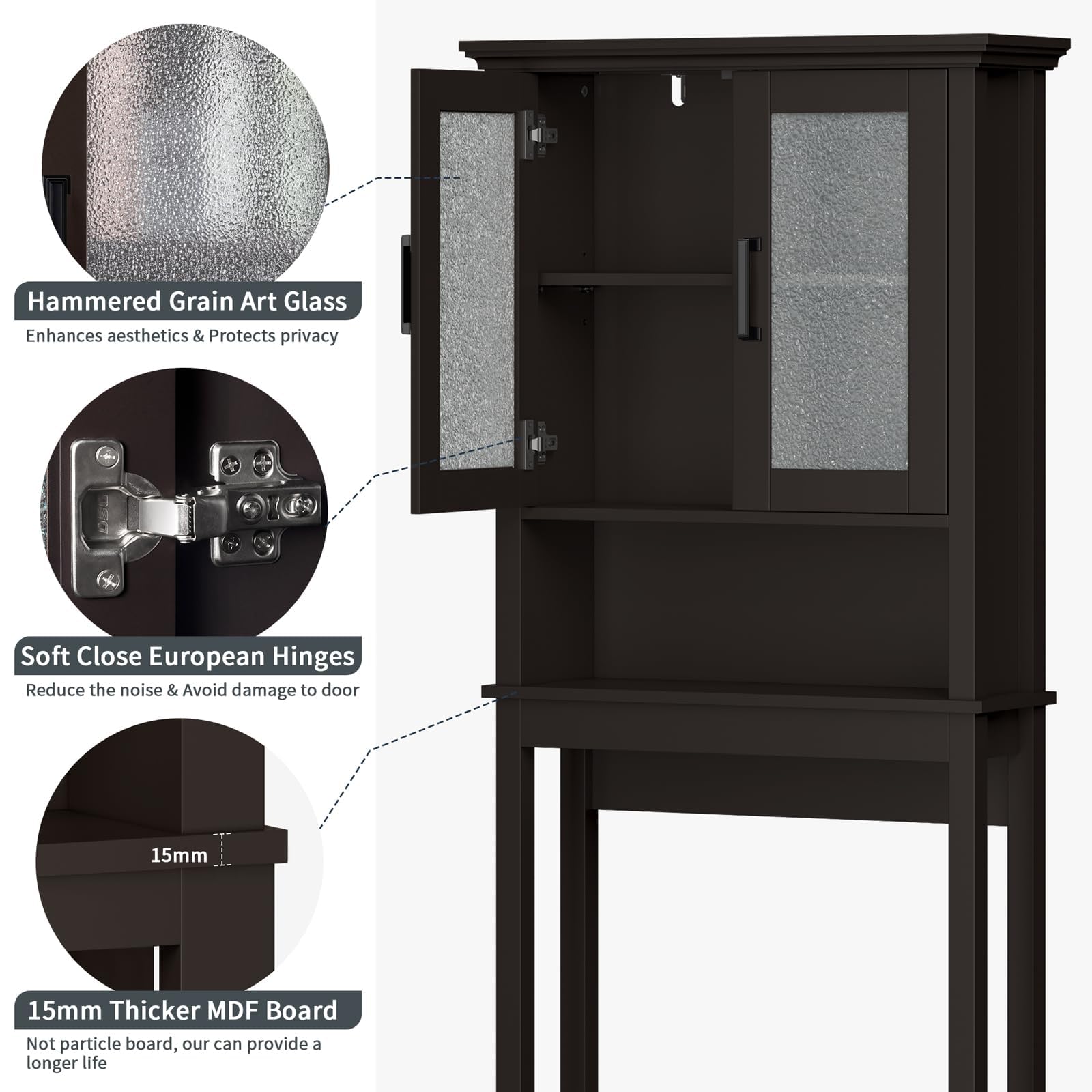 Over The Toilet Storage Cabinet with Glass Doors & Adjustable Shelf - Thick Frame Bathroom Organizer for Above/Behind Toilet - Espresso Finish - Perfect for Small Bathrooms, Apartments & Space-Saving Storage Solutions