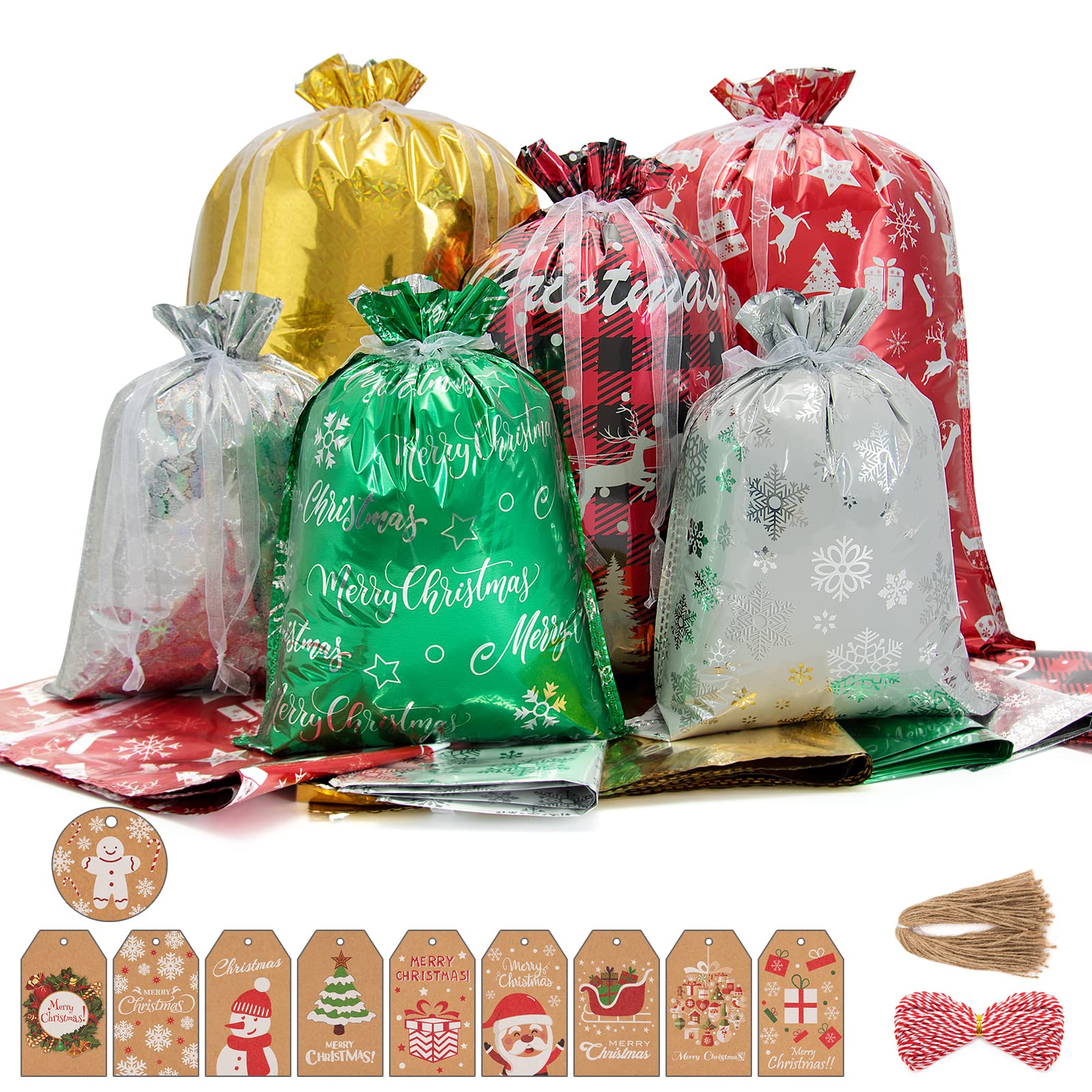 TIANSTIAL 50Pcs Christmas Gift Bags with Ribbon & Tags - 6 Holiday Designs Drawstring Bags for Presents, Party Favors, Stocking Stuffers & Festive Decorations (Includes 2 Rolls Ribbon & 60 Kraft Tags) - Perfect for Christmas Gifts, Holiday Parties, Secret Santa & Home Decor