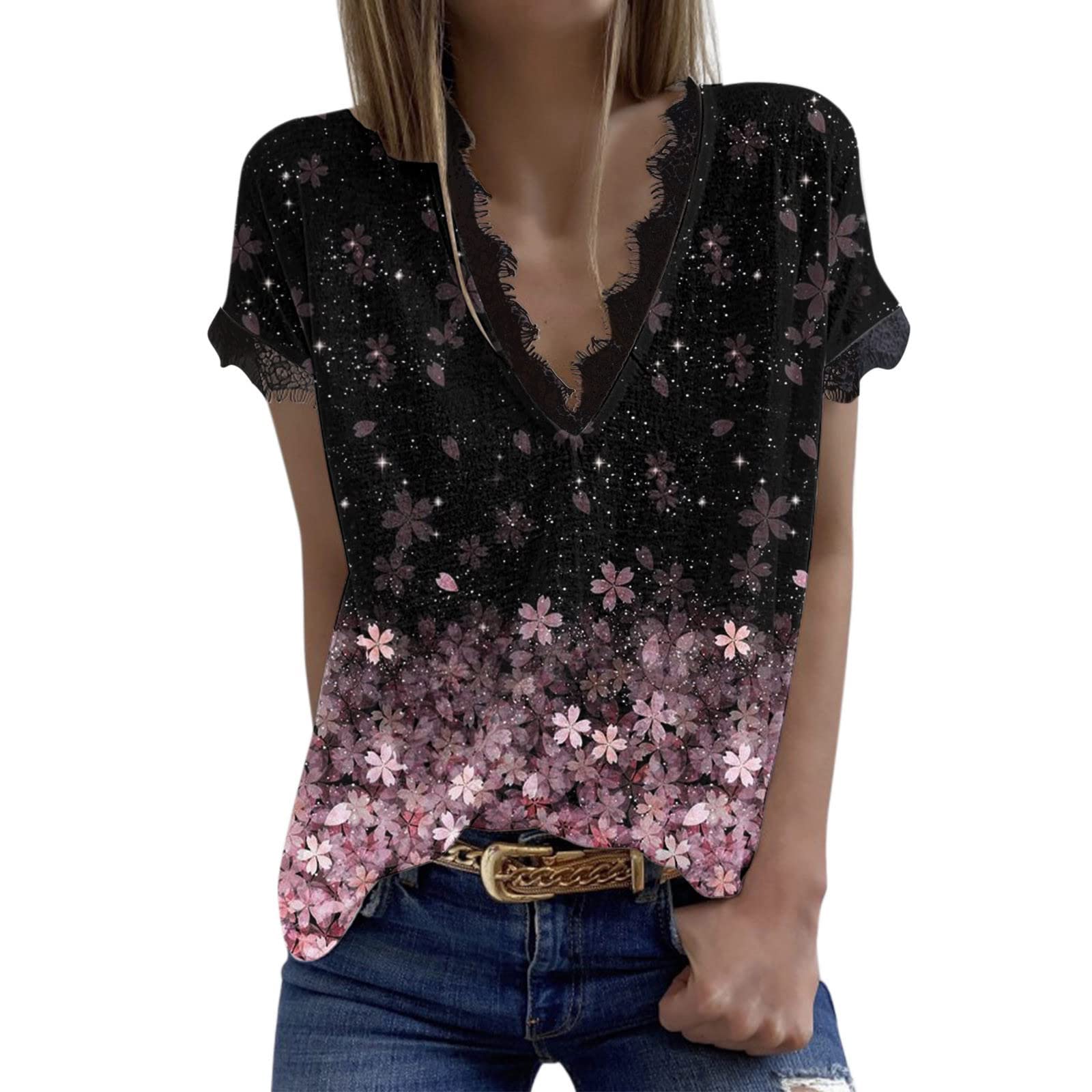Women's Slim V-Neck Short Sleeve Lace Blouse - Elegant Casual Printed Top for Work & Date Night | Most Wished For Choice