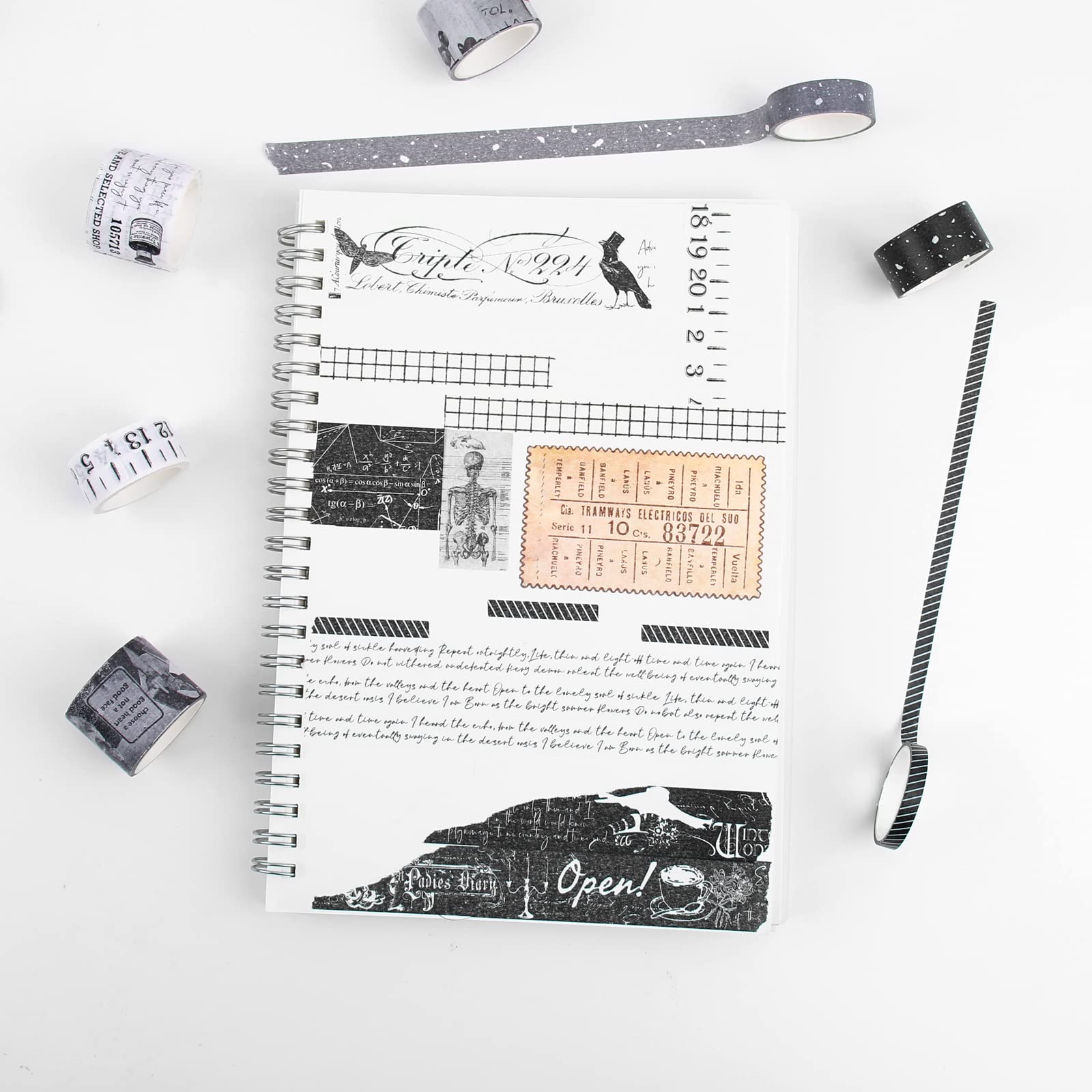 Gothic Aesthetic Black and White Washi Tape Set - 20 Rolls Japanese Decorative Tape for Scrapbooking, Journaling, Planner & DIY Crafts - Perfect for Bullet Journals, Gift Wrapping & Home Decor