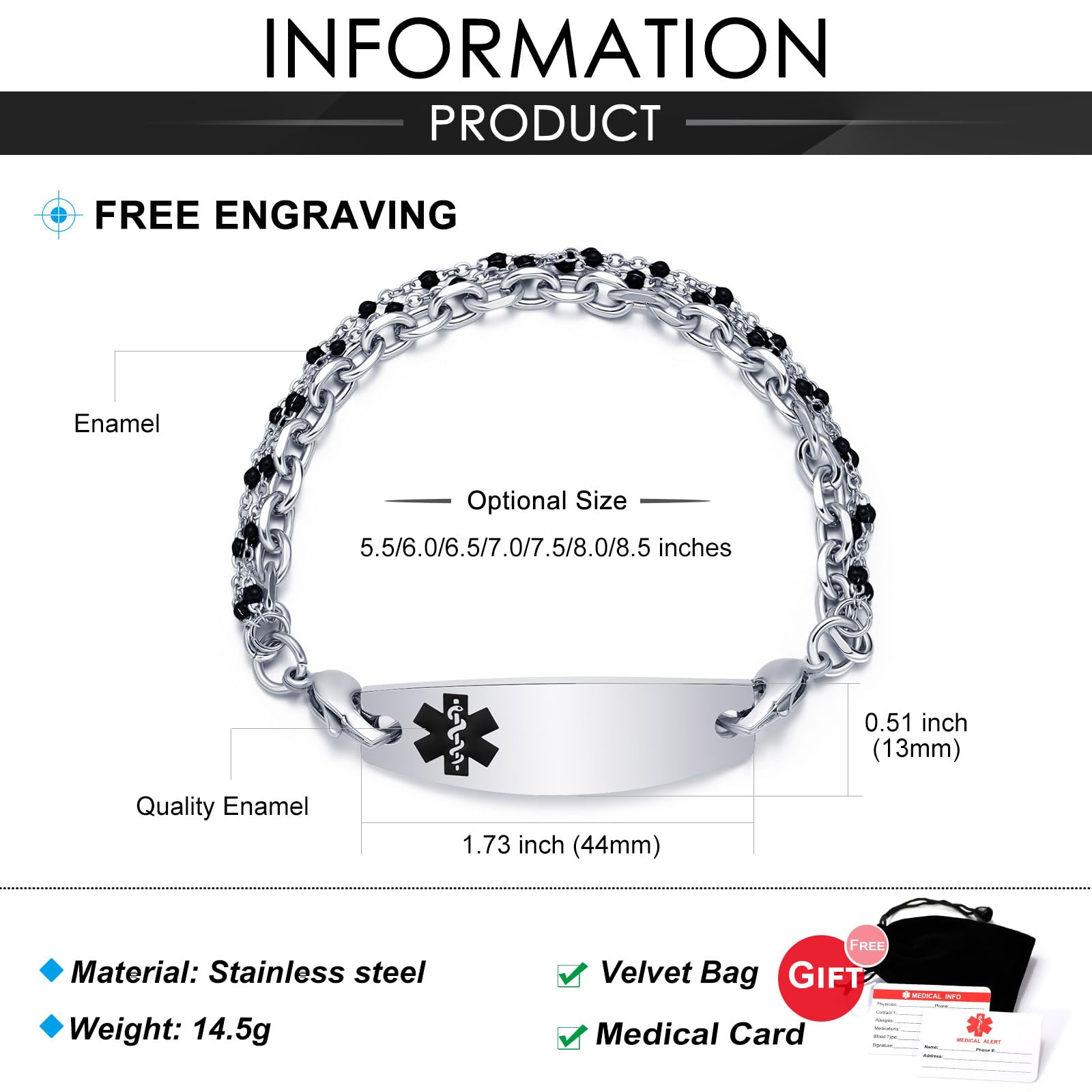 Custom Engraved Medical Alert Bracelet for Women - 3 Layer Stainless Steel Chain, Adjustable 5.5-8.5 Inches, Free Personalization - Perfect for Emergency Medical ID, Diabetes & Allergy Awareness