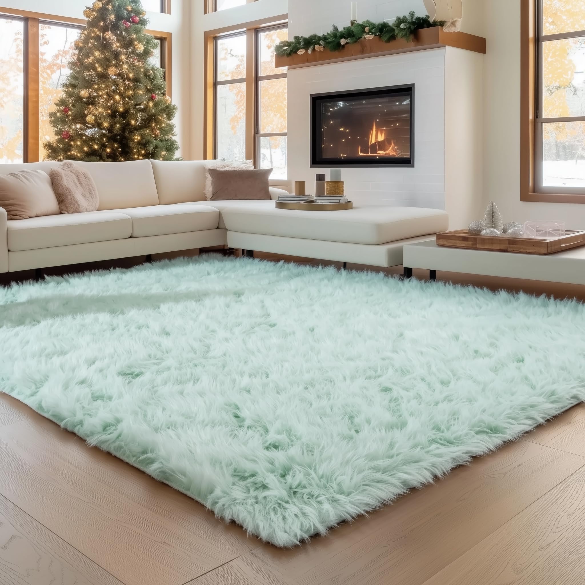 8x10 Fluffy Mint Green Faux Fur Rug - Extra Large Soft Plush Area Rug for Bedroom, Living Room, Office Decor - Cozy Faux Sheepskin Carpet for Home, Dorm, Nursery (Perfect for Cozy Spaces & Instagram-Worthy Interiors)