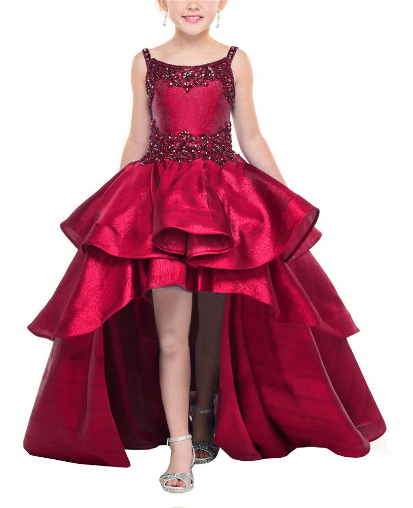 Girl's Hi-Low Beaded Pageant Dress with Square Neck & Straps - Flower Girl Dress for Weddings, Pageants & Special Occasions