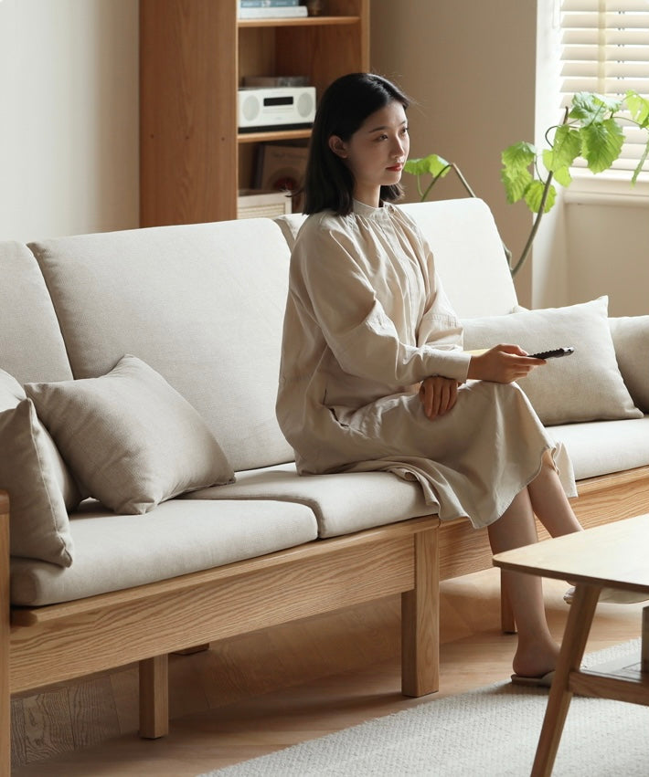 Modern Nordic Fabric Sofa - Solid Oak Wood Frame - Stylish & Durable Living Room Furniture for Small Spaces & Apartments